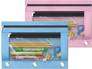 QSSRWNAO 2 Pack Pencil Pouch for 3 Ring Binder,Binder Pencil Pouch with Zipper,Double Pocket Pencil Case with Clear Window,Big Capacity Pencil Bags for Office School Supplies (Pink&Light Blue)