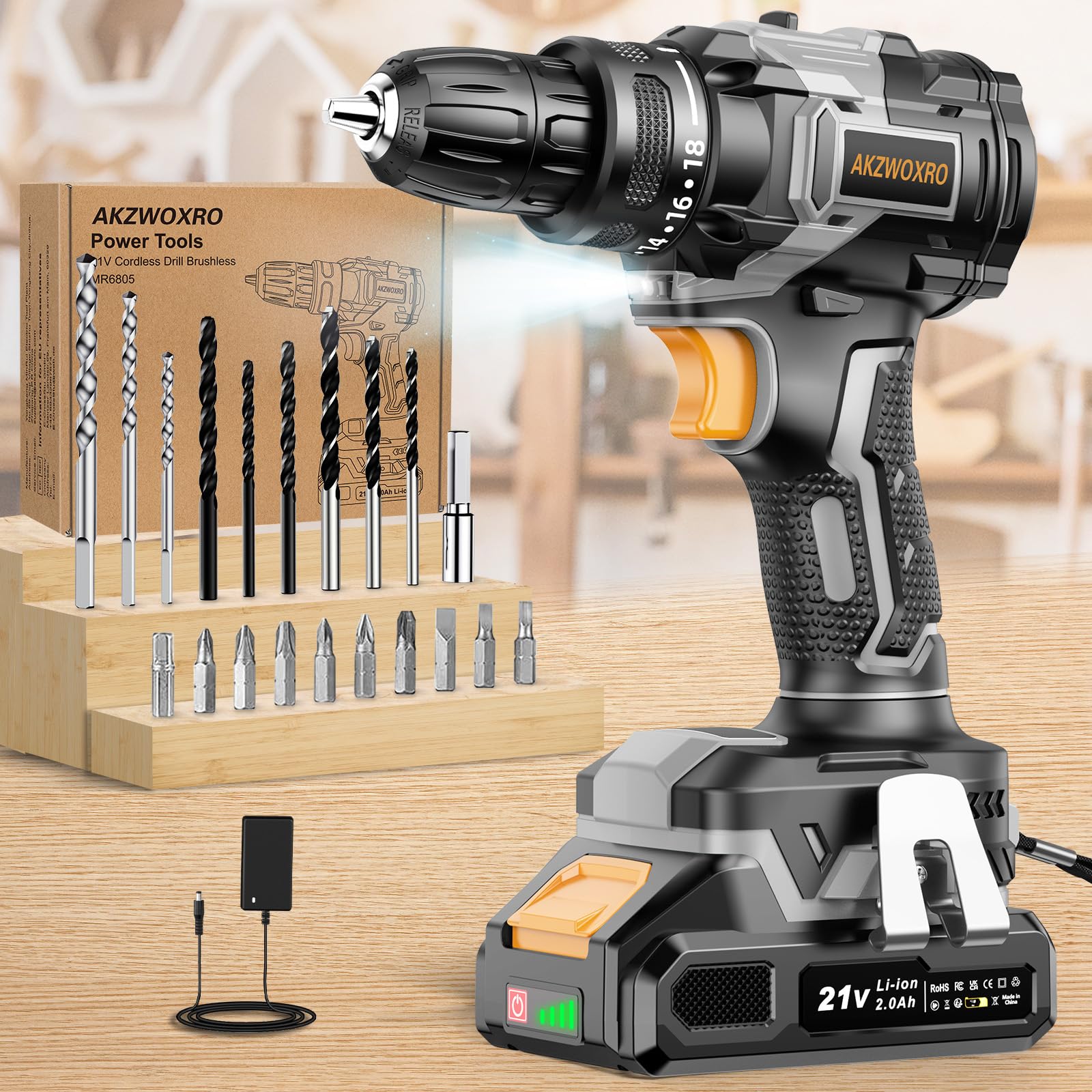 Destornillador inalámbrico sin escobillas (21 V, batería de 2,0 Ah, taladro de batería de 42 Nm, 2 velocidades, 18+1 niveles de torsión, luz LED, 20 piezas, juego de accesorios para jardín