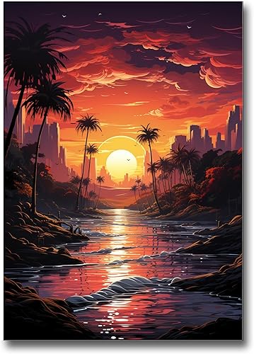 Neon Sunset Vibes Florida Synthwave Sunset Framed poster Print, Retro Miami Style Wall Art, poster, Home Decor