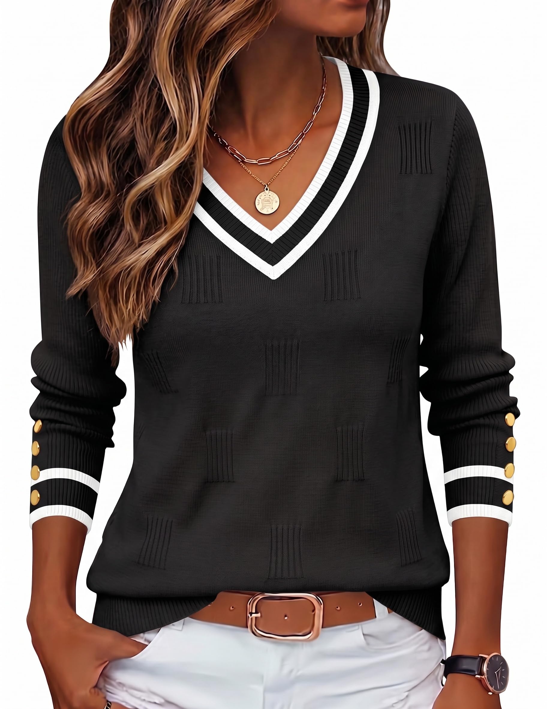 Womens V Neck Sweaters Long Sleeve Lightweight with Buttons Oufits
