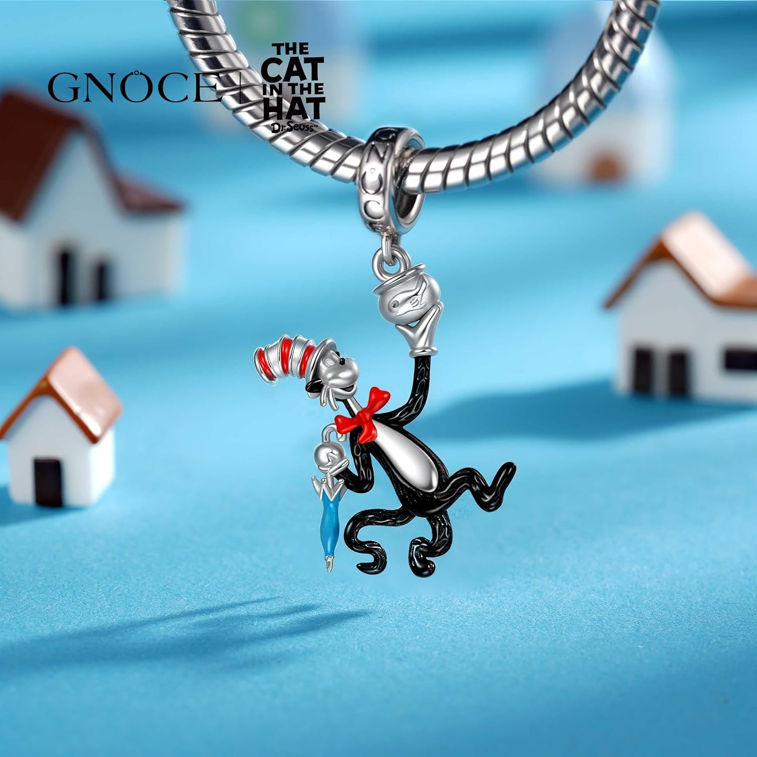 GNOCE The Cat in the Hat with Umbrella Fishbowl Pendant Dangle Charm Bracelet for Women, S925 Sterling Silver Dangle Charms for Women Wife, Valentine‘s Day, Mother’s Day Jewelry