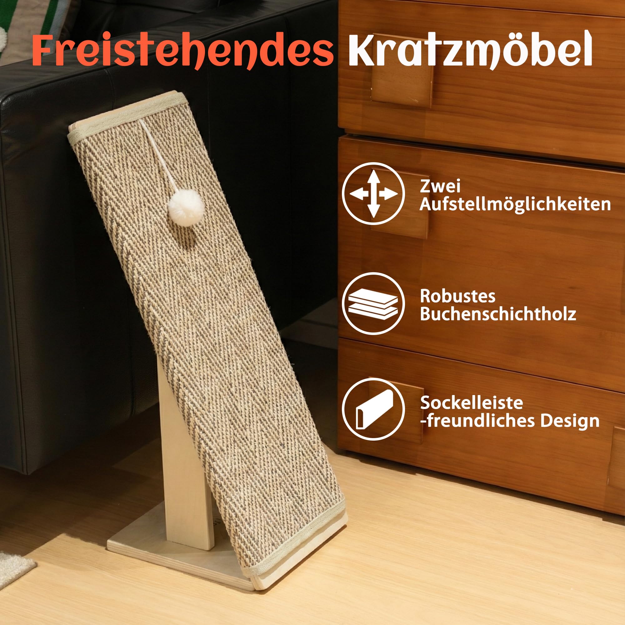 PETKARAY Kratzbrett Katze, 65 cm Kratzsäule aus natürlichem Sisal mit Rampe, stabiles L-förmiges Katzen-Kratzmöbel zum Schutz von Möbeln, Kratzbrett für Wohnungskatzen
