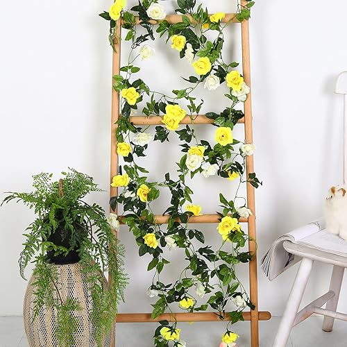 Miniatura 7 de JUSTOYOU Paquete de 2 guirnaldas de rosas falsas (15.8 pies), enredaderas de rosas artificiales, flores colgantes de seda para boda, hogar, telón de