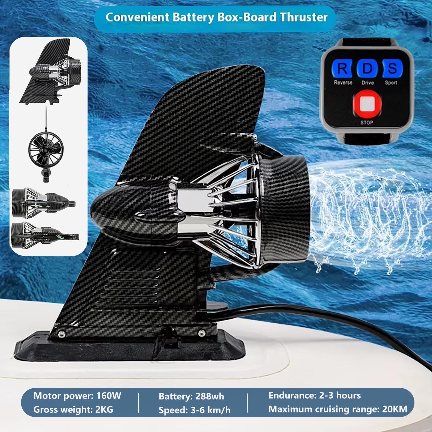 Pinne elettriche per SUP, motore elettrico per kayak gonfiabile, con contenitore, elic*a di ricambio, telecomando da polso, batteria da 288 Wh, 3-6 km/h, autonomia massima di 20 km, plug-and-play.
