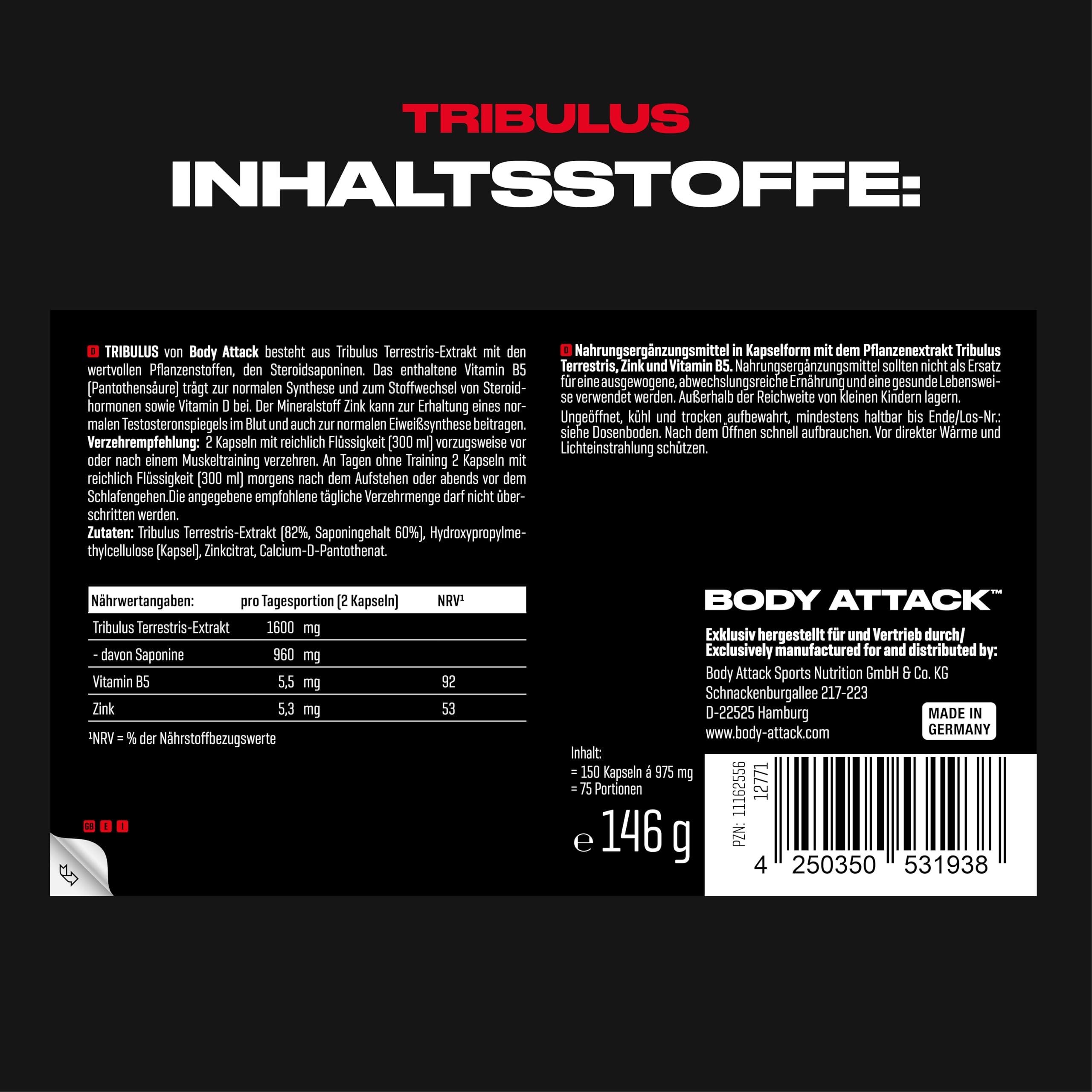 Body Attack Tribulus mit 2400mg Tribulus Extrakt - hochdosierte & natürliche Kapseln mit Testosteron und Zink, Made in Germany, 75 Portionen - 150 Maxi Caps