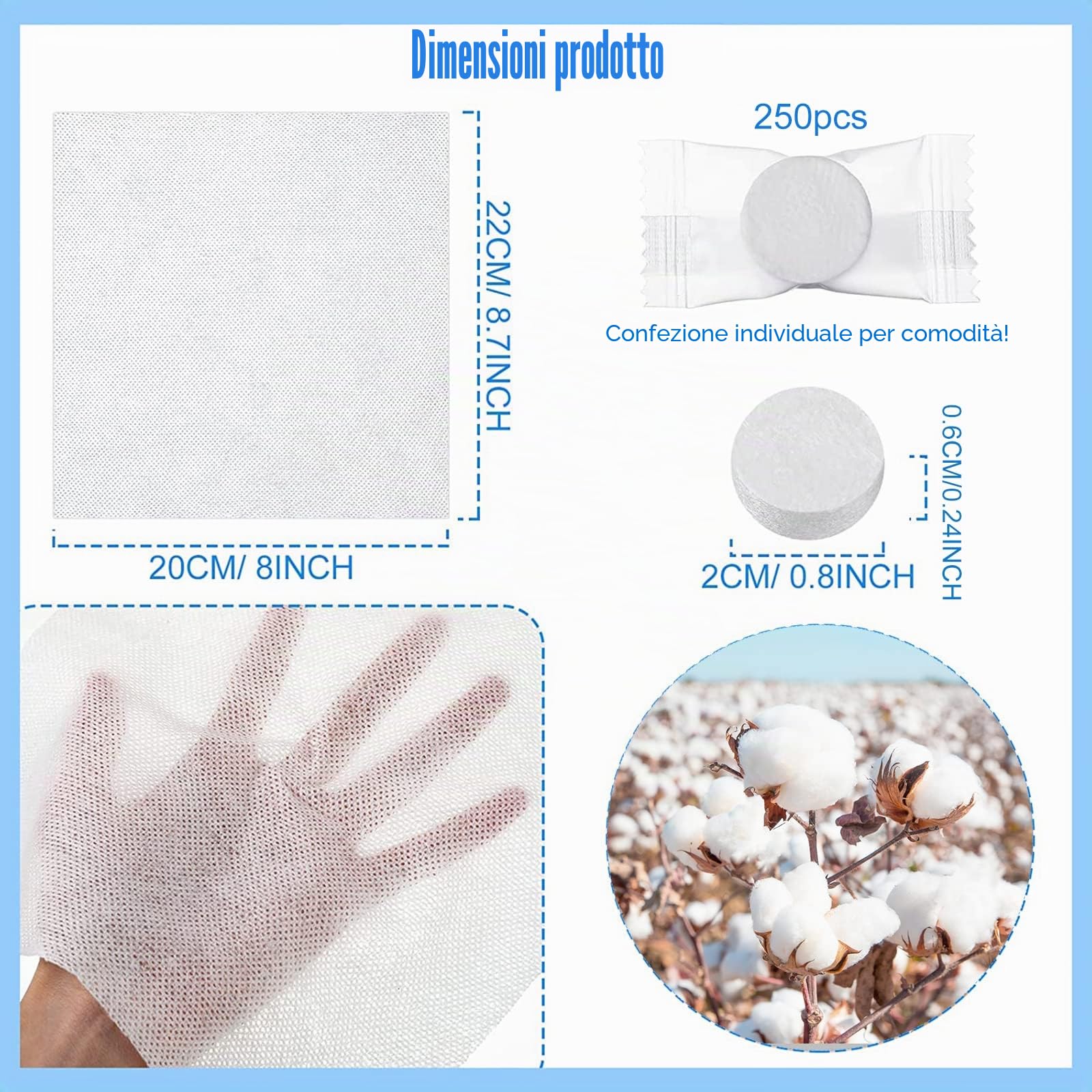 250 Pezzi Asciugamani Monouso, Portatili Asciugamani Compressi per Viaggi, Casa, Attività All'aperto(22 × 20 cm)