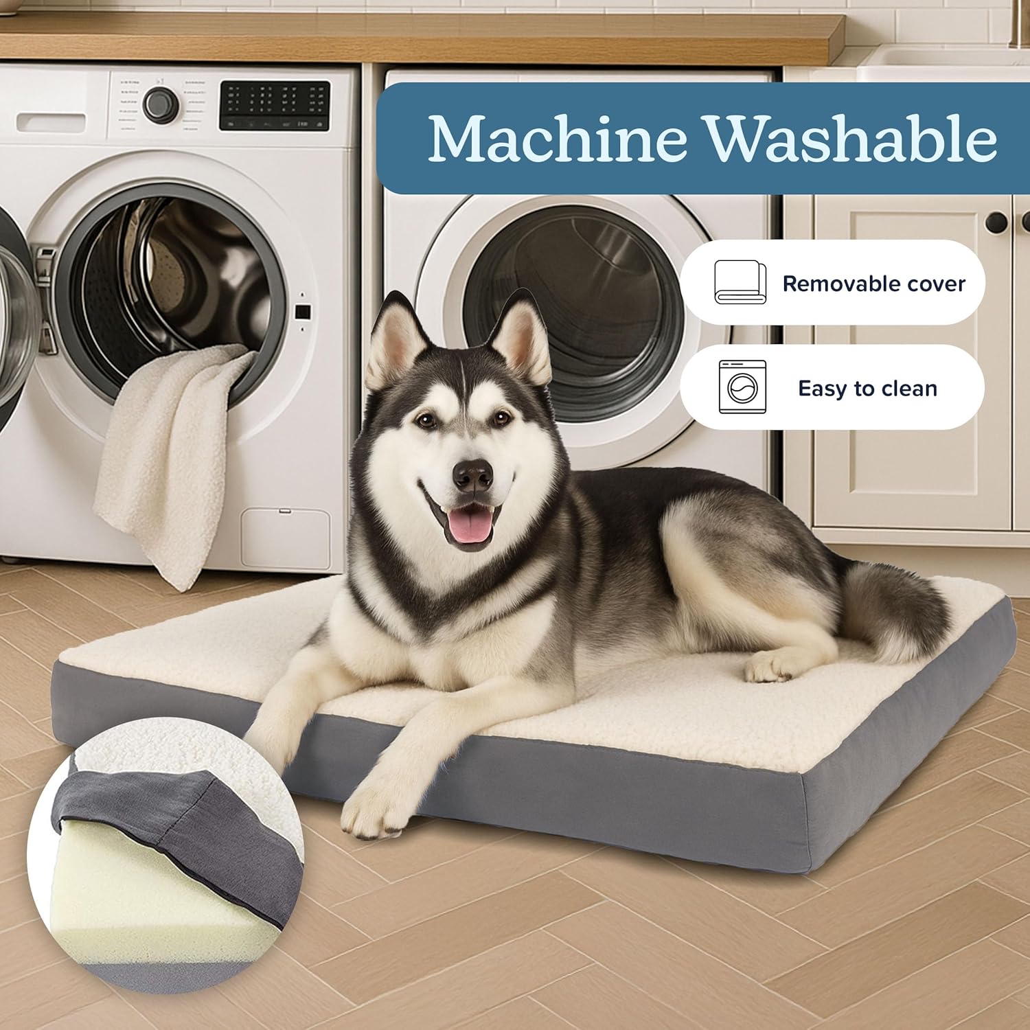 Orthopedic Dog Bed - 2-Layer 44x35-Inch Memory Foam Pet Mattress with Machine-Washable Sherpa Cover for Large Dogs up to 100lbs by PETMAKER (Gray)