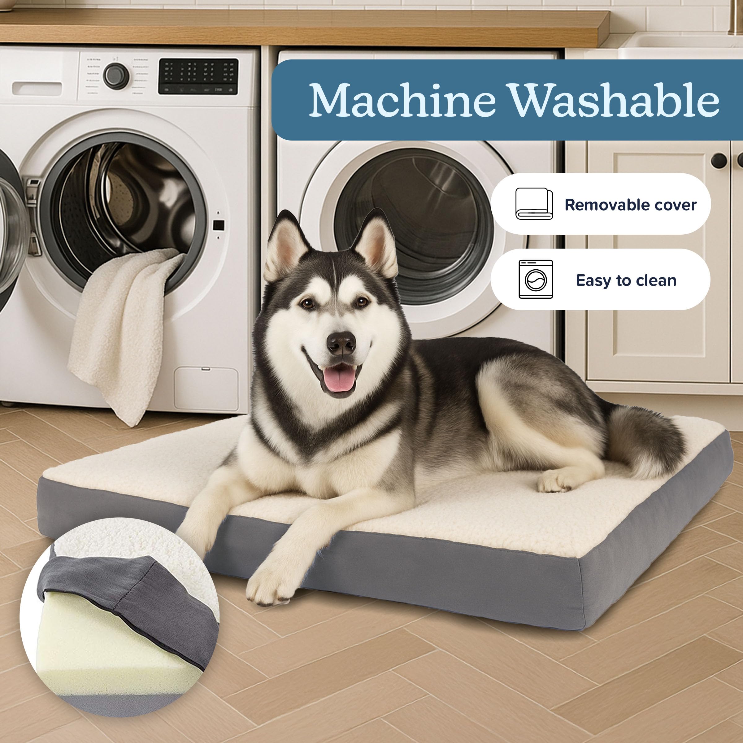 Petmaker Cama ortopédica para Perro, Cama de Espuma viscoelástica de 2 Capas con Cubierta Superior Sherpa Lavable a máquina, Cama para Perros Grandes de hasta 100 Libras (Gris)