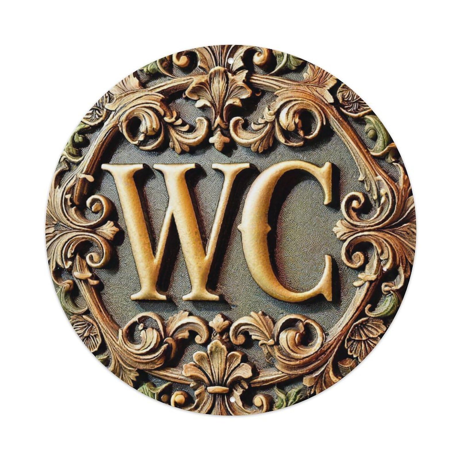 Vintage Ornate Carving WC Bathroom Round Metal Sign Vintage Aluminium Metal Sign, Retro Wall Decor for Home, Bar, Garage & Farmhouse 20x20cm