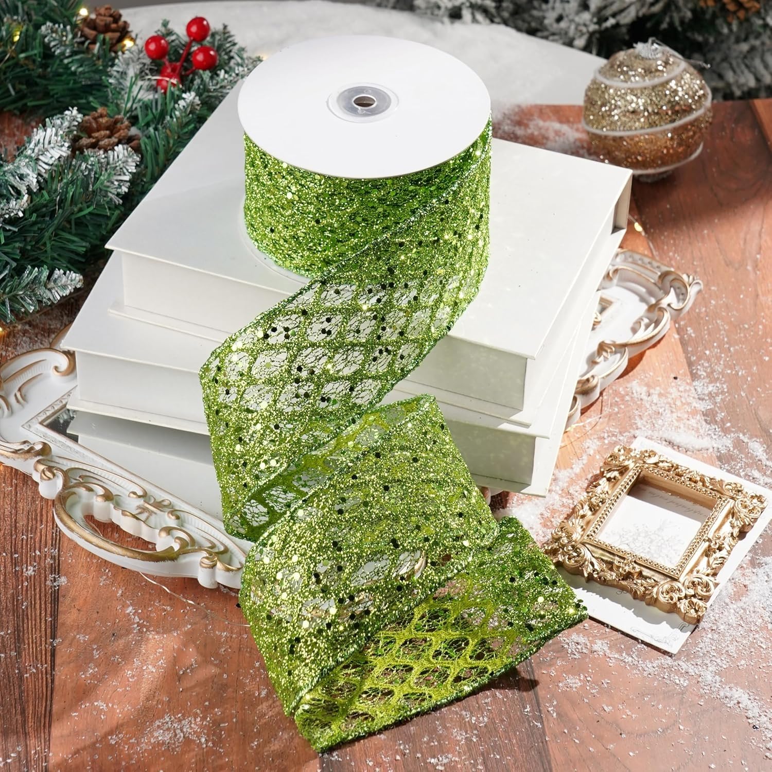 Ruban à Paillettes Maille Diamant 9,1m X 6,3cm - Bords Métalliques Pour Façonnage - Décoration Noël, Cadeaux, Mariage (vert)