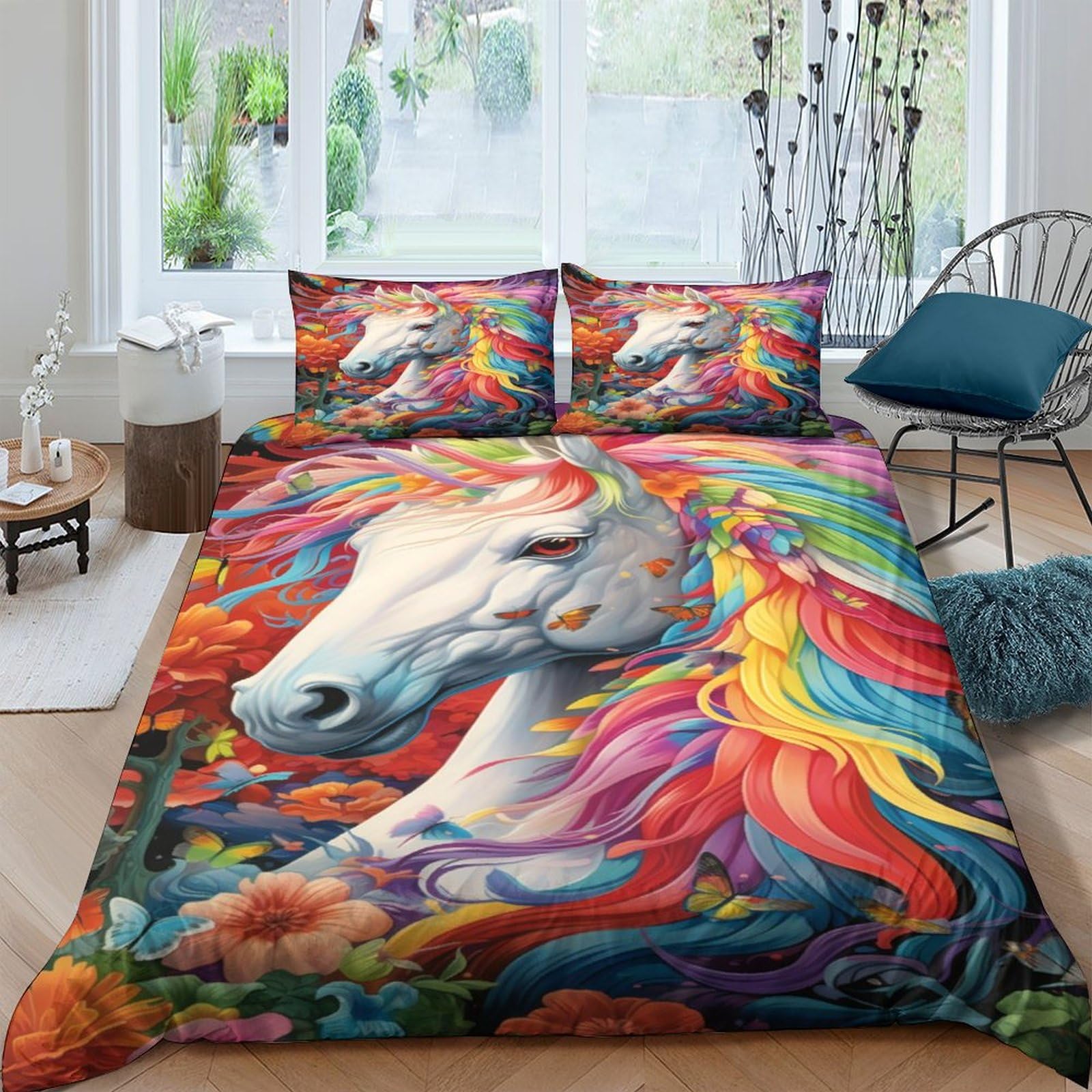 Housse de couette cheval 3D finis les plis parure lit microfibre zippée 220x240