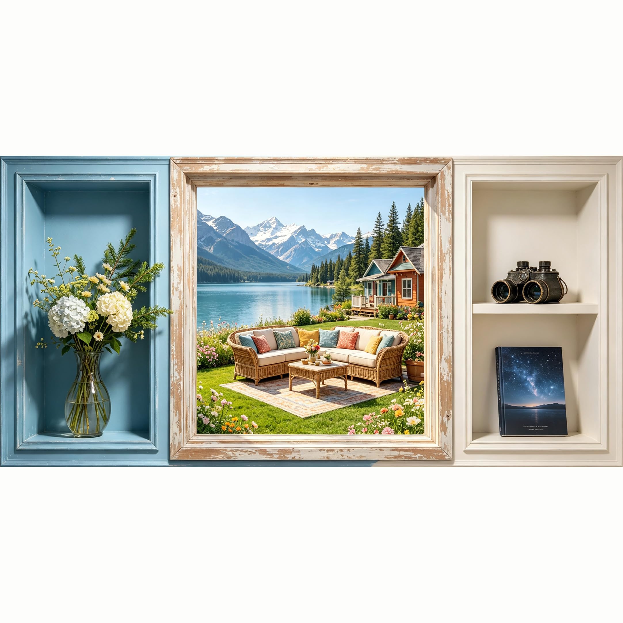 QZLITHOTIC 50x100cm 3D Framed Wall Art， Mountain Lake Landscape Cabin Farmhouse SelfAdhesive Mural， WaterActivated Peel & Stick Fabric Decor Wall Decal for Bedroom Living Room