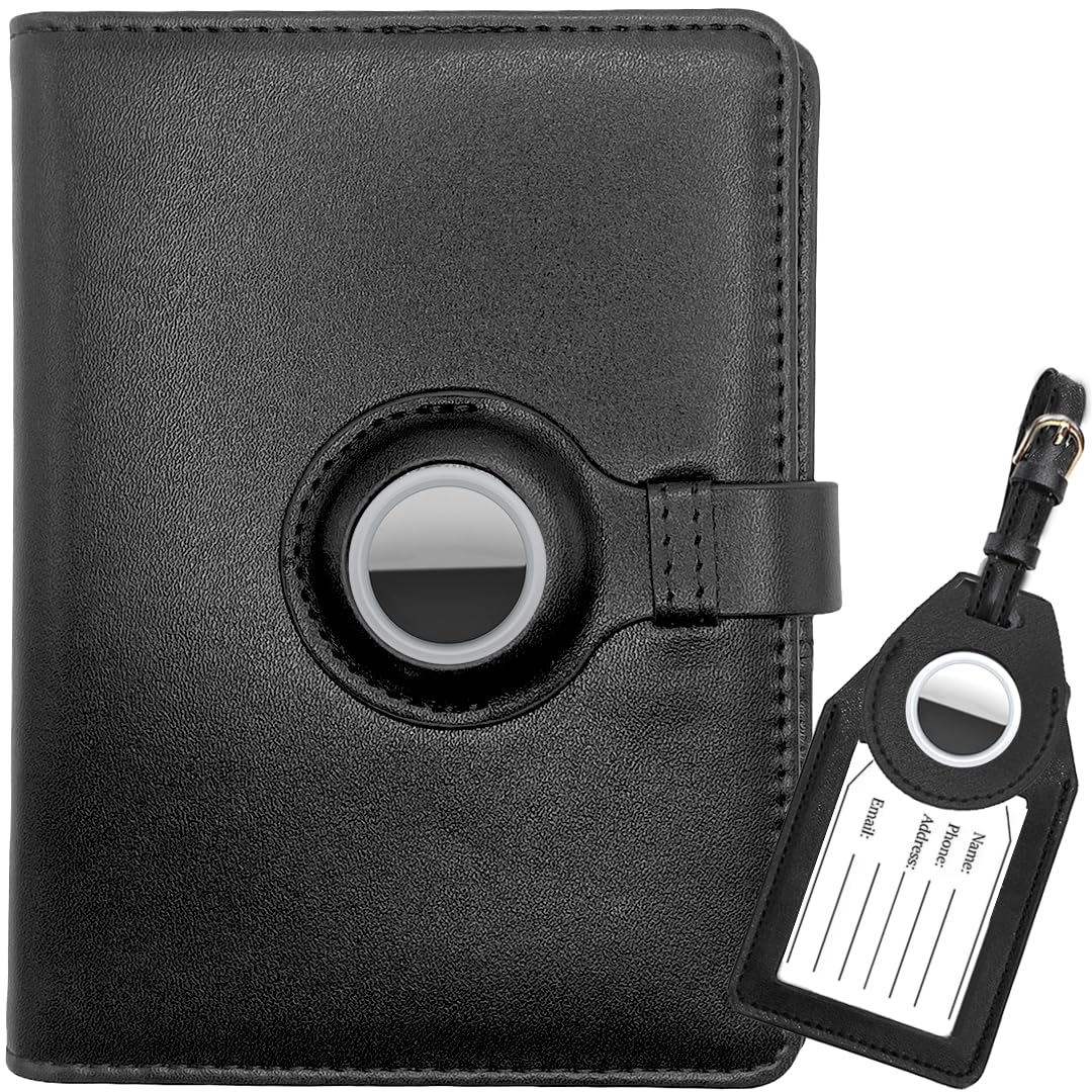 Acme Basics AirTag Passport Holder with AirTag Luggage Tag COMBO and AirTag Holders Vaccine Card, ID, Boarding Pass, Credit Card Protector for Men and Women, Black, Classic