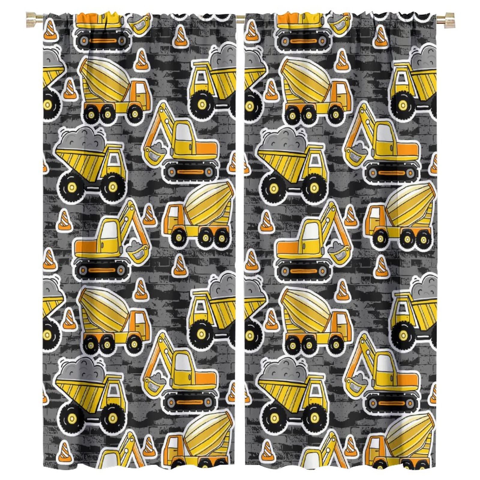 Construction Theme Blackout Curtains For Kids' Room - Bulldozer Truck Machinery Print, 42x45 Inches, Set Of 2 Panels