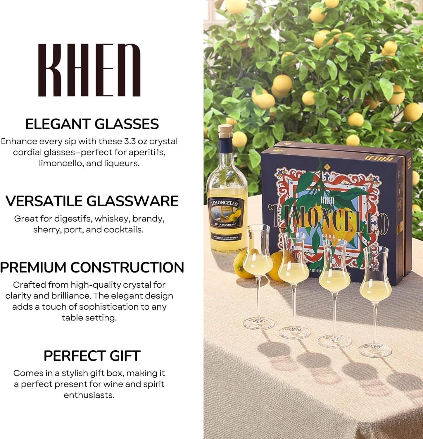 Khen Crystal Limoncello Cordial Glasses | 4 Set | Tall 3.3 oz Long Stemmed Spirit Glassware for Sipping Aromatic Liquor, After Dinner Drink, Digestivem Aperitif, Elegant Cordial Tulip Shaped Stemware