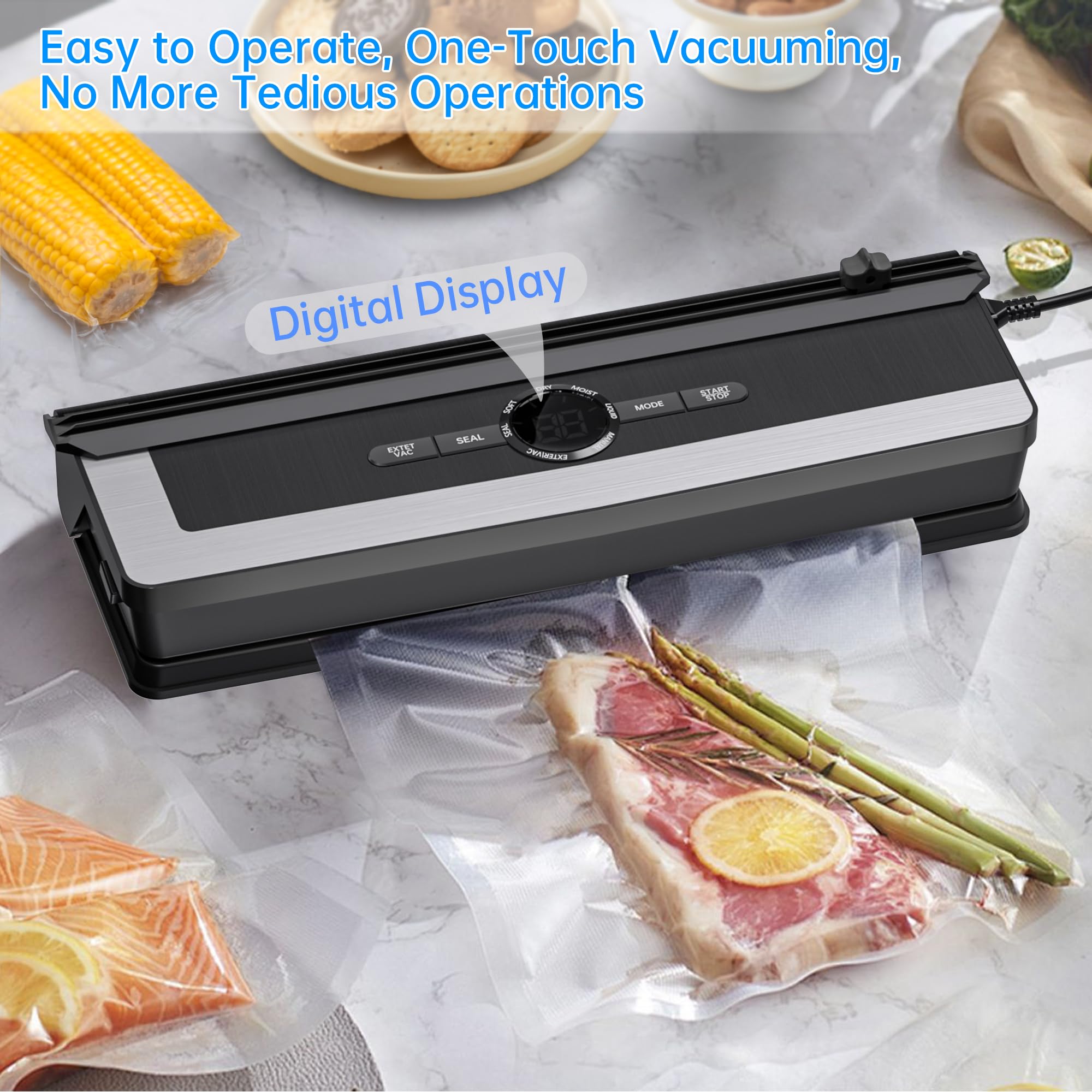 5-in-1 Vakuumiergerät mit Schneidefunktion, 85 kPa Vakuumiergerät mit Digitaltimer & LED-Display, inkl. 5 Vakuumbeuteln, für Fleisch, Fisch, Gemüse, Sous-Vide und Vorratshaltung