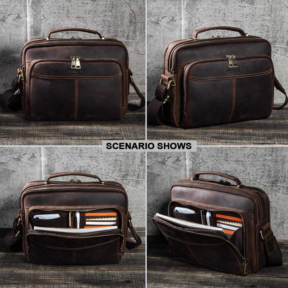 Contacts Borsa in pelle da uomo,Tracolla Uomo Borselli,borsa a tracolla da viaggio retrò, borsa a tracolla multifunzione casual Ipad Borsa a Spalla da Lavoro Crossbody Bag per Ufficio Scuola
