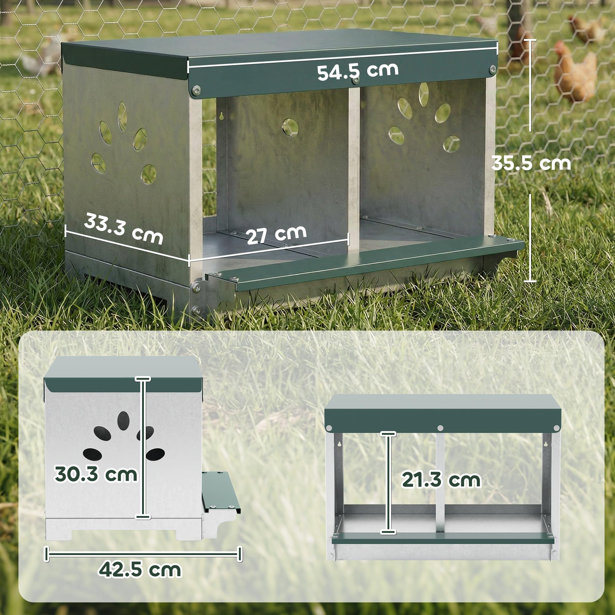 PawHut Nido per Galline Ovaiole in Acciaio a 2 Aree con Base Rialzata e Tetto, Nido Galline con Fori di Ventilazione, Facile da Pulire, 54.5x42.5x35.5 cm, Argento