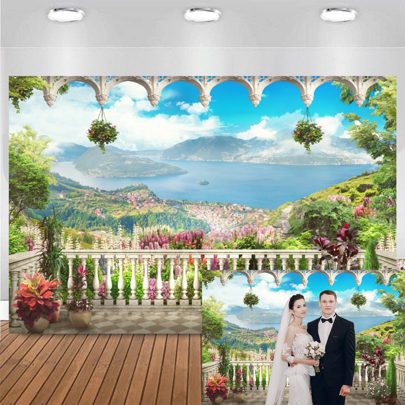 Balkon tło 3,7 x 2,4 m winyl romantyczny pałac balkon ogród natura krajobraz fotografia tło góry morze niebieskie niebo europejski styl pawilon tło do portretu sesji zdjęciowej studio