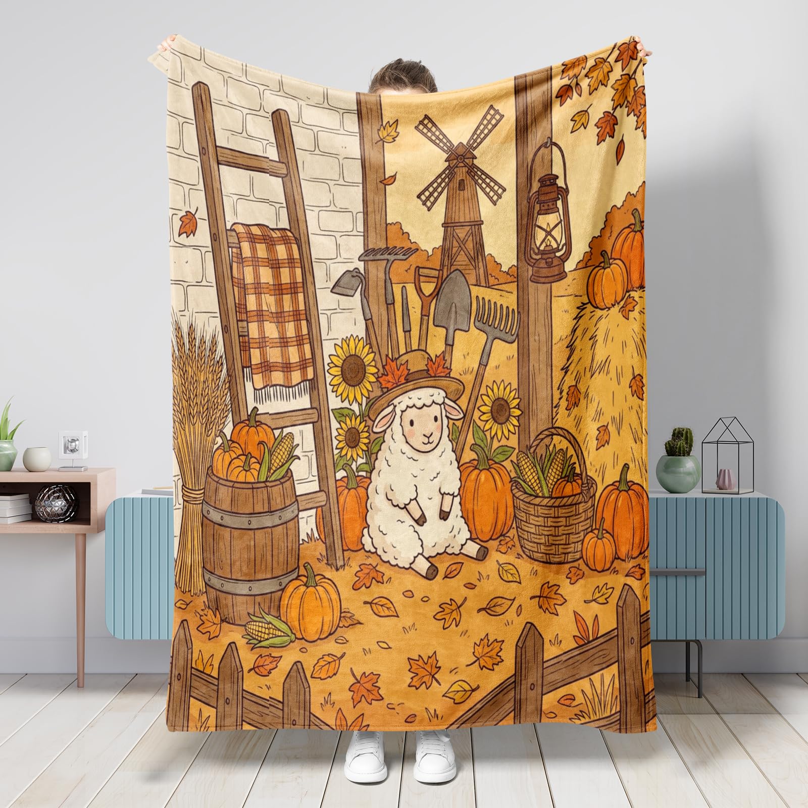 Couverture d'automne haut de gamme motif récolte de campagne et moutons de la ferme