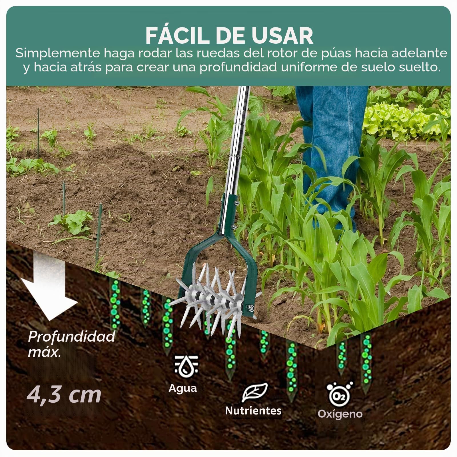 Yeelor Cultivador giratorio con mango ajustable S/S con dientes de metal sólido desmontables, cultivador de jardín, cultivador de césped y cultivador manual para aflojar y mezclar tierra