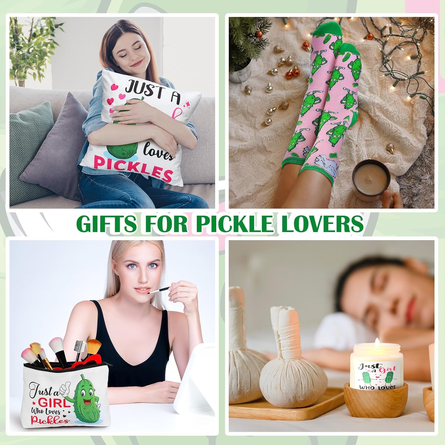 Buryeah 9 Pcs Funny Pickle Gifts for Pickle Lovers Gifts Set for Women Include 60 x 50'' Blanket Mug Makeup Bag Tote Bag Pillowcase Socks Keychain Candle Card for Employee - Image 4