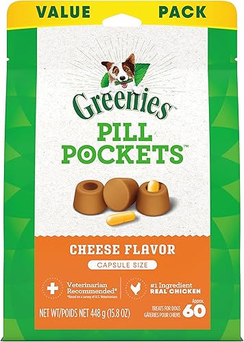 GREENIES PILL POCKETS - Golosinas suaves naturales para perros, tamaño cápsula, sabor a queso, paquete de 15.8 onzas (60 golosinas)