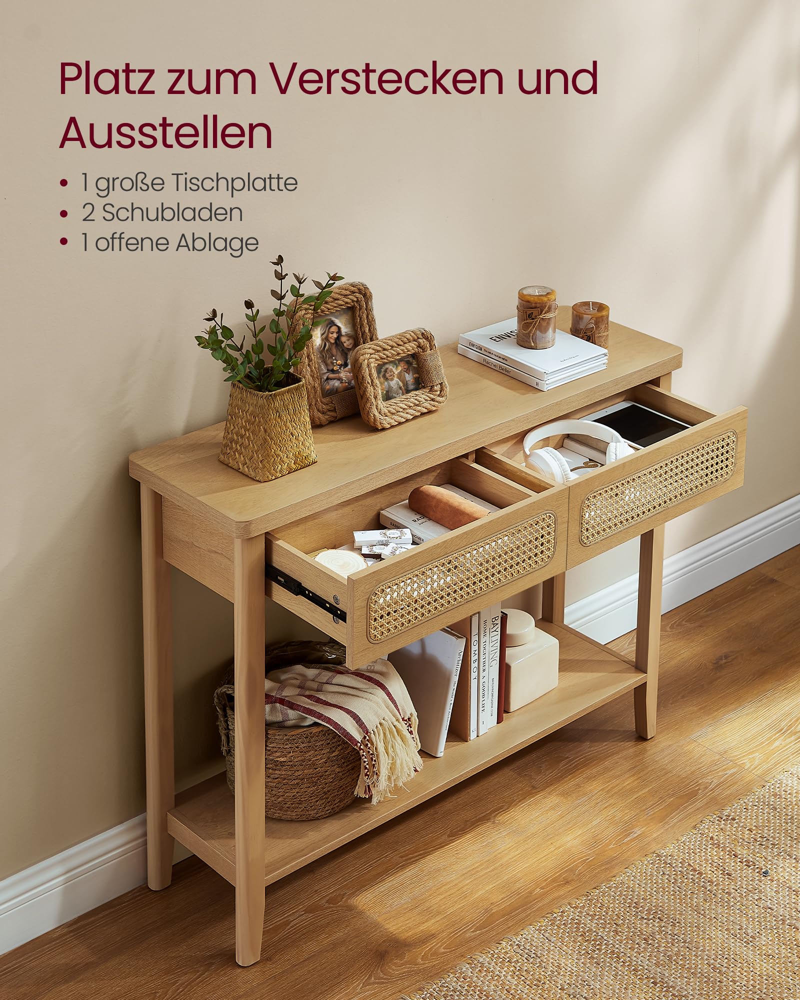VASAGLE Konsolentisch, Flurtisch, Flur Möbel, schmaler Sofatisch für Wohnzimmer, mit 2 Schubladen, offene Ablage, abgerundete Ecken, Boho-Stil, eichenbeige LNT016Y57