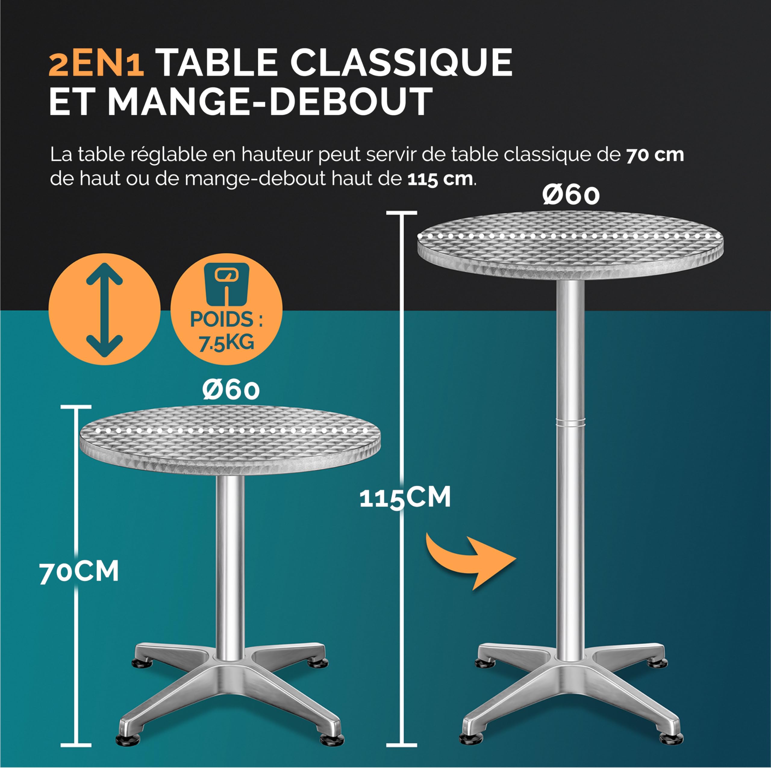 Casaria® Table Basse 2 en 1 - Set de 2 Tables à Manger Ajustables, Aluminium et Acier Inoxydable, Plateau Rond 60 cm, Hauteur 70-115 cm, Intérieur/Extérieur, Stable et Polyvalente