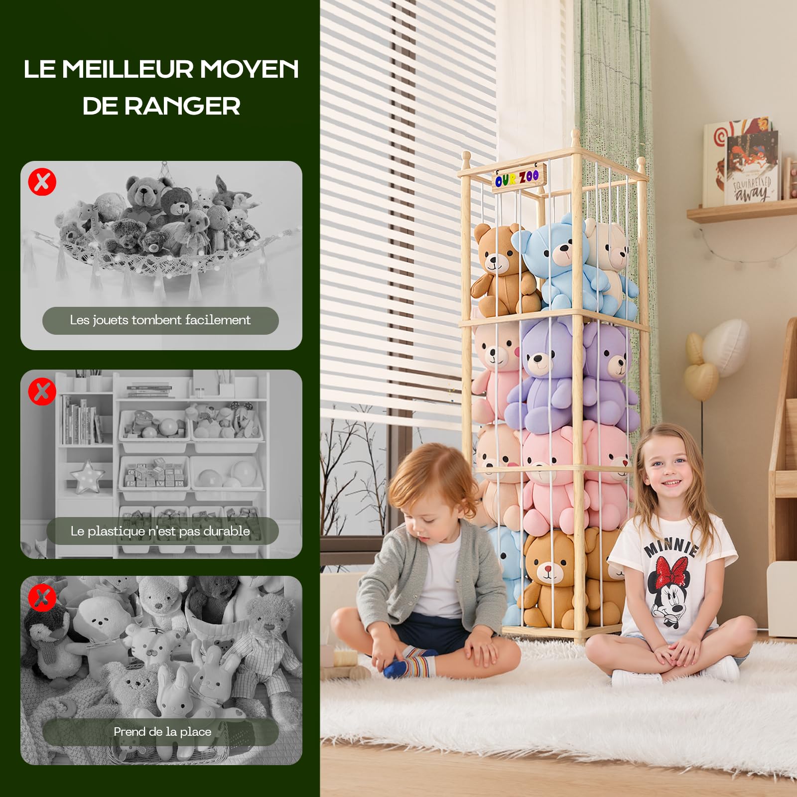 Rangement Peluche de Enfant, Range Peluche en Bois Gain de Place, 135 * 40 * 40CM Rangement Jouet Enfant pour Salle de Jeux, Chambre d'enfant, Chambre à Coucher, Salon