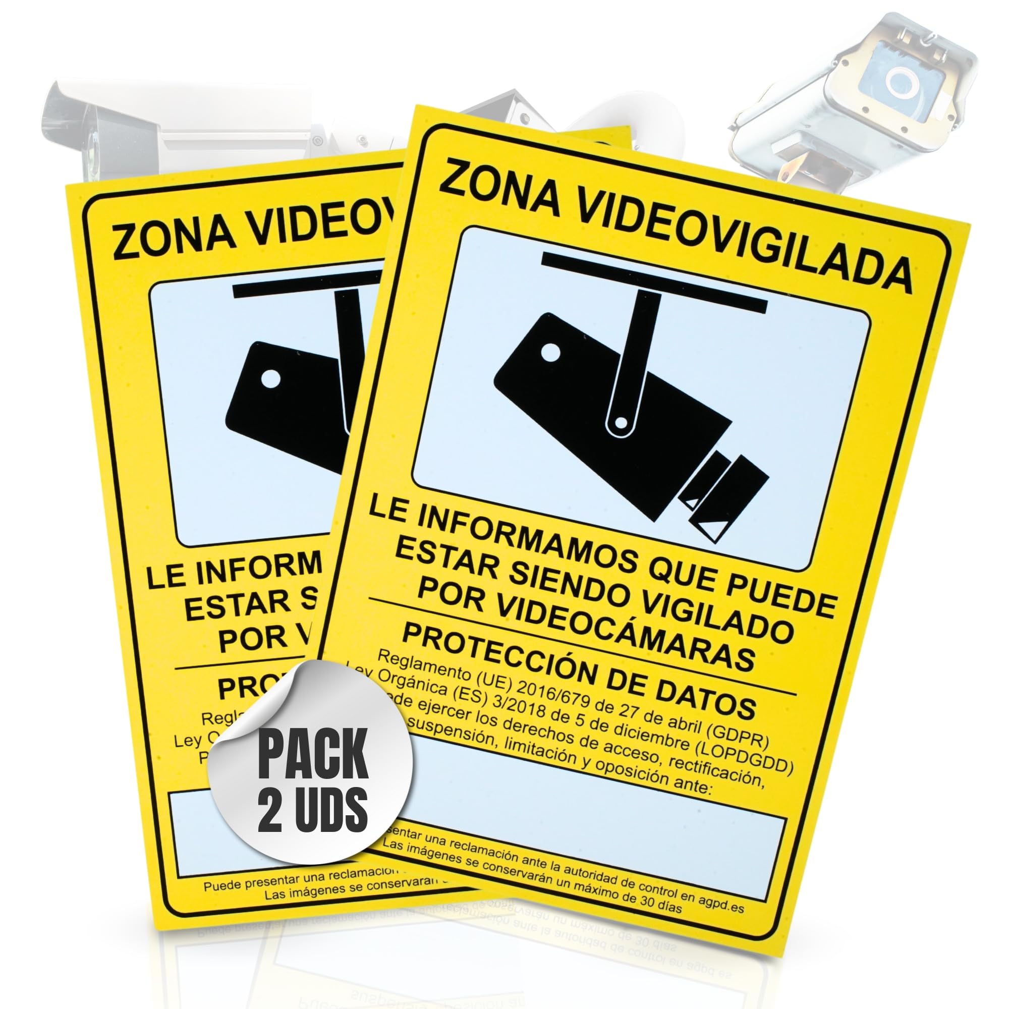 2 Pcs | Cartel Videovigilancia Homologado | Zona Videovigilada | Tamaño A4 (30X21cm) | Material PVC 0,7mm | Cartel Cámara Vigilancia para Exterior e Interior