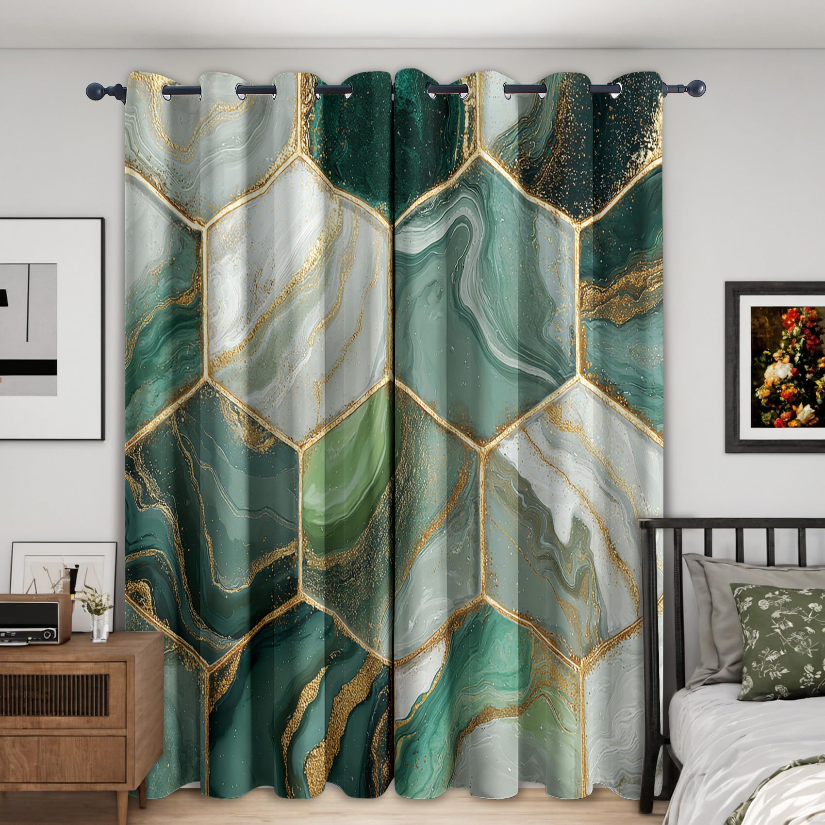Marmor Vorhänge Mit ösen Blickdicht, Modern Grün Geometrisch Vorhang Schlafzimmer Wohnzimmer Küche 110 x 215 cm Lang, Übergardinen Innen Verdunklungsvorhänge