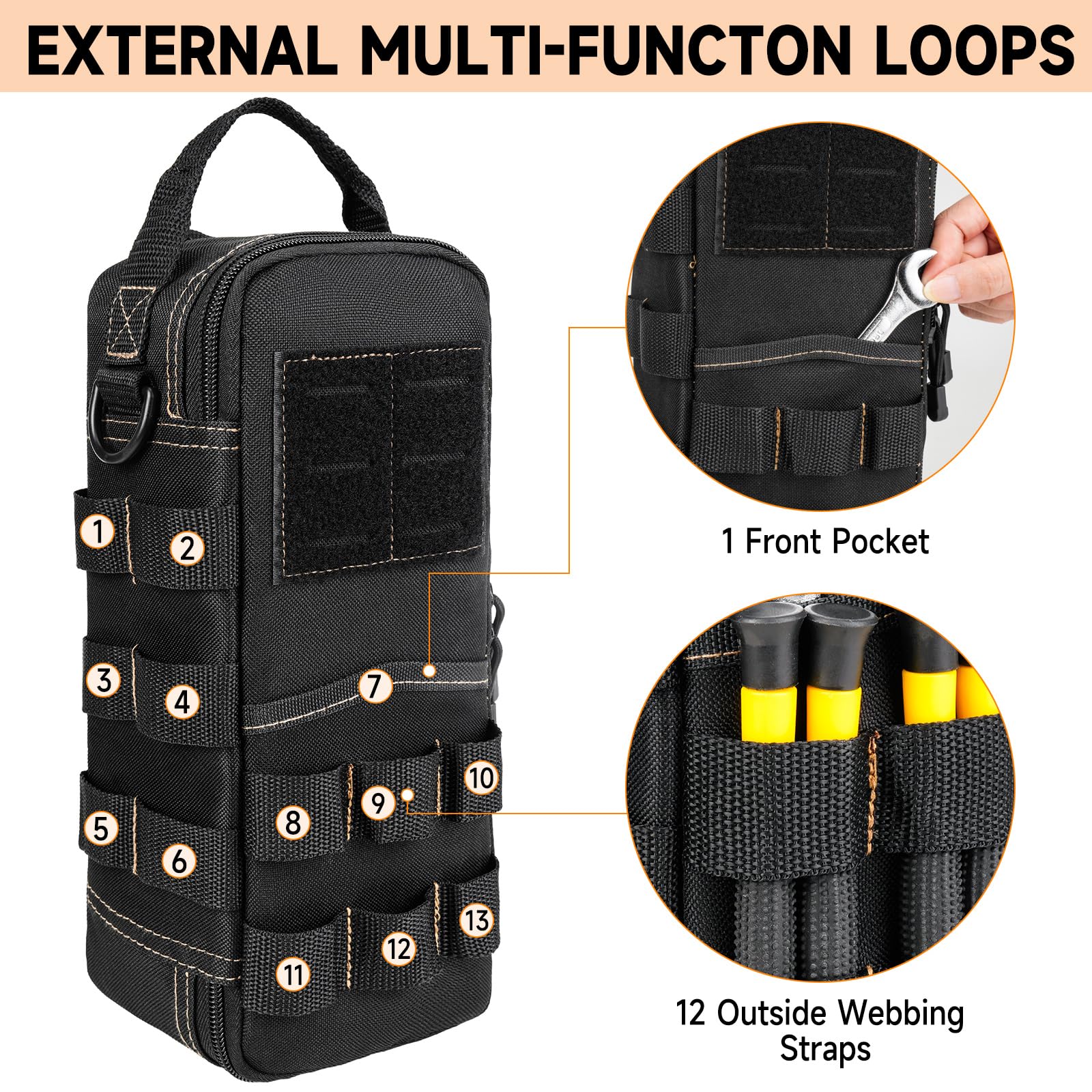 Petits Sacs à Outils Robustes pour Hommes avec Mousqueton,Pochette à Outils Tactique,étui de Rangement Portable Utilitaires avec Bandoulière pour EDC,Camping,Voyage en Voiture,électriciens