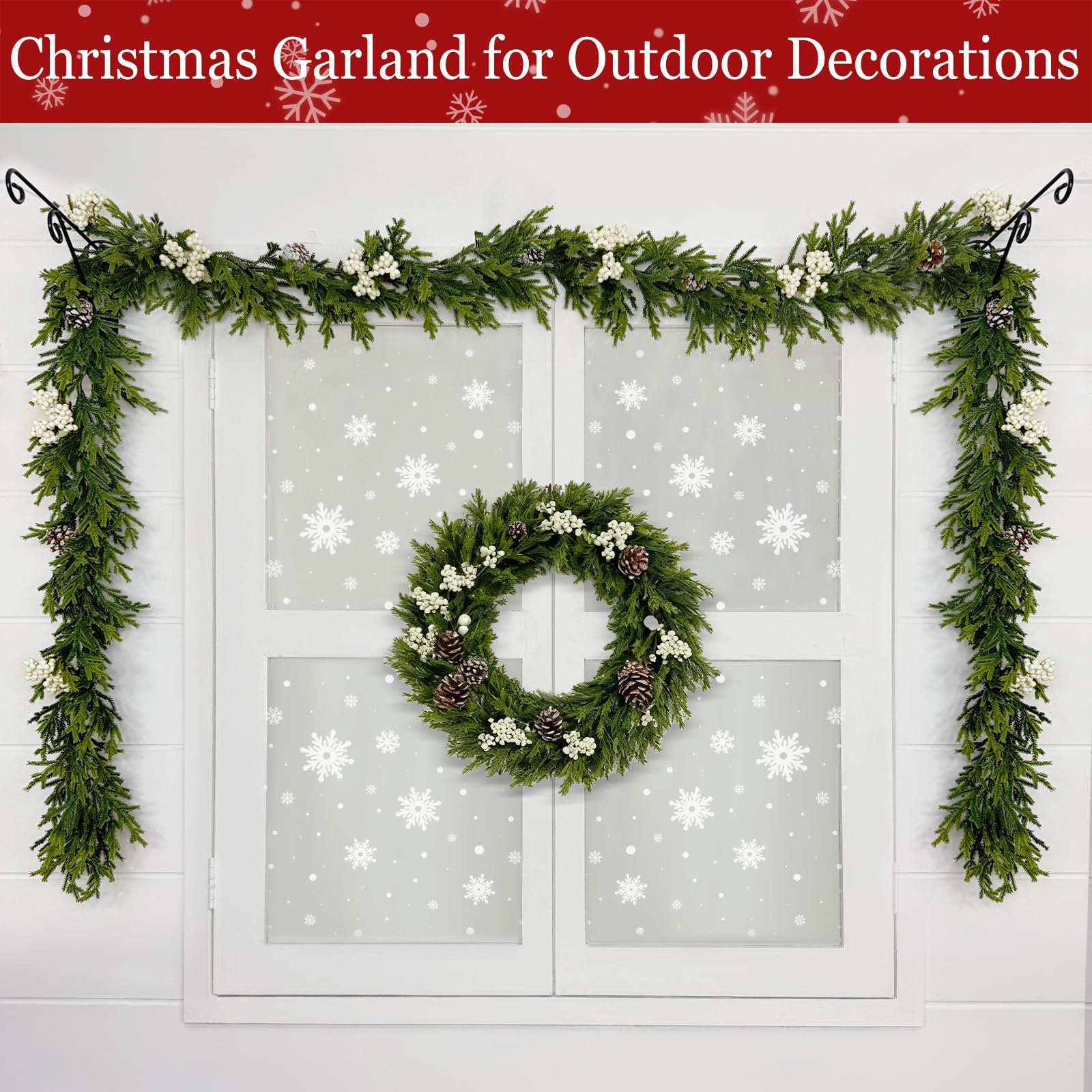 Guirlande de cèdre de Noël de 1,8 m avec baies blanches, pommes de pin et 20 lumières LED blanc chaud, vigne douce avec minuteur, décoration de Noël à piles pour cheminée, table, porte, escaliers