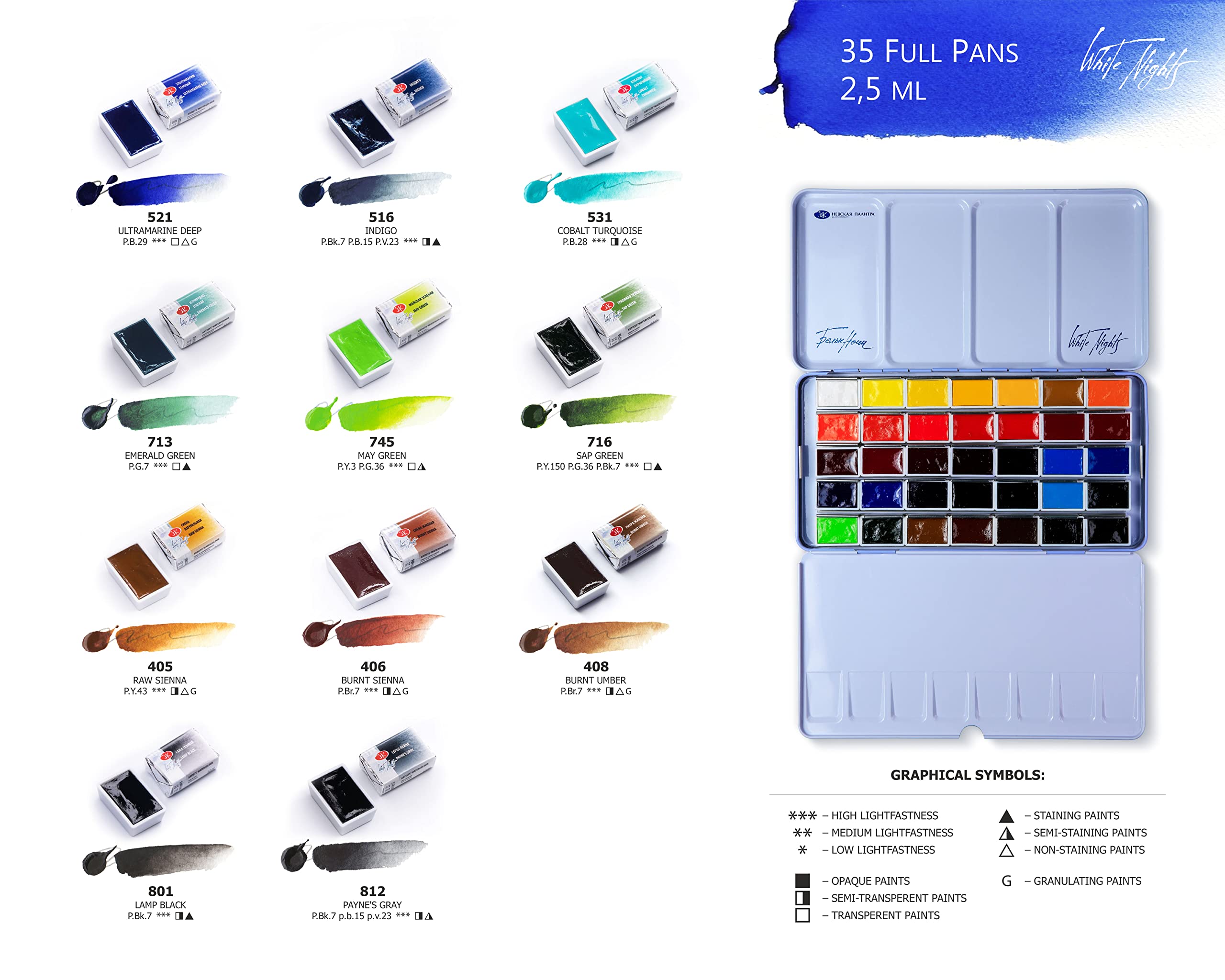 Honsell White Nights - Set di acquerelli per artisti, 35 colori in una custodia in metallo