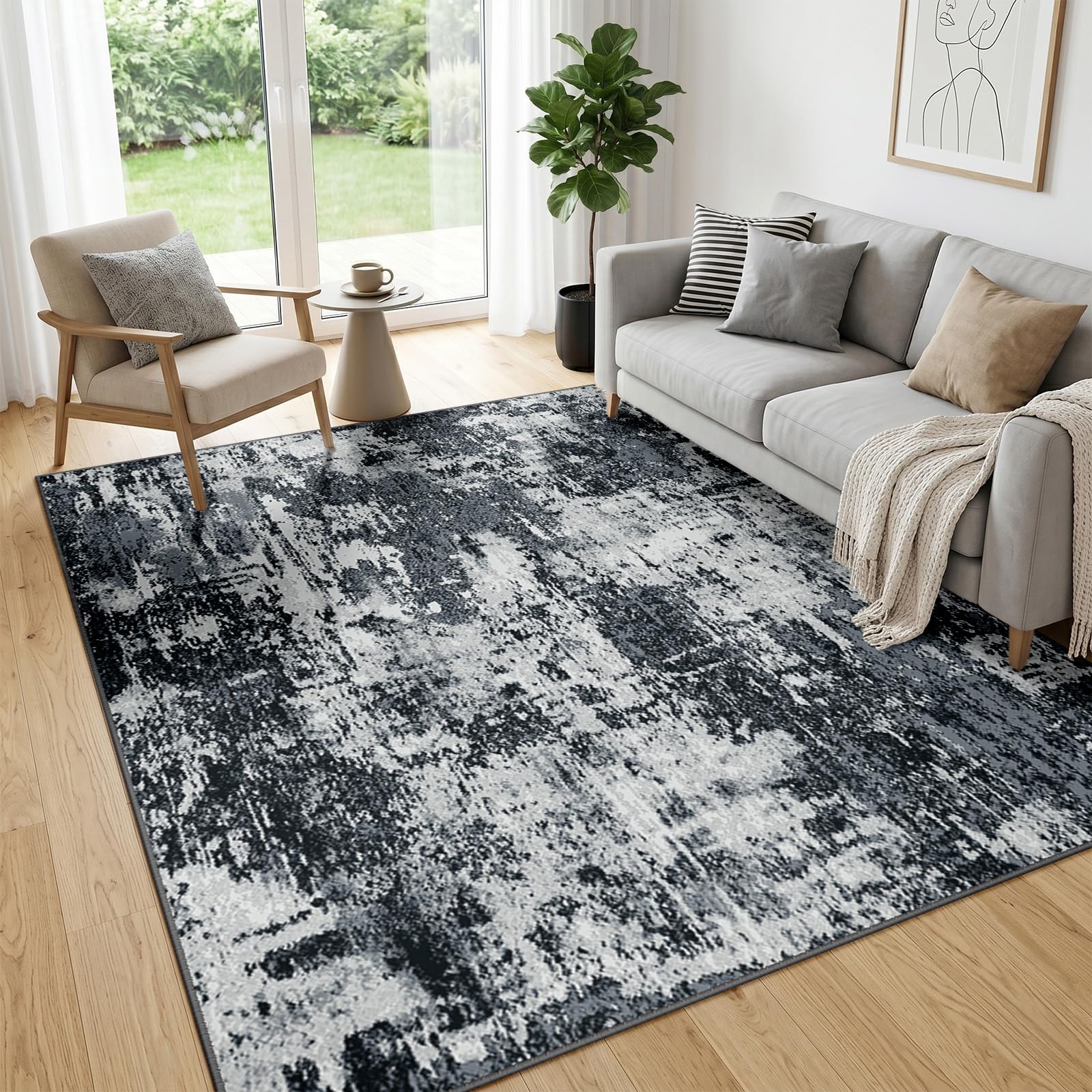 DEFYNEE Modern Abstract Rugs Living Room 150x210 cm Non-Slip Soft Low-Pile Washable Rug for Hallway, Bedroom, and Dining Room-Black โ image 1