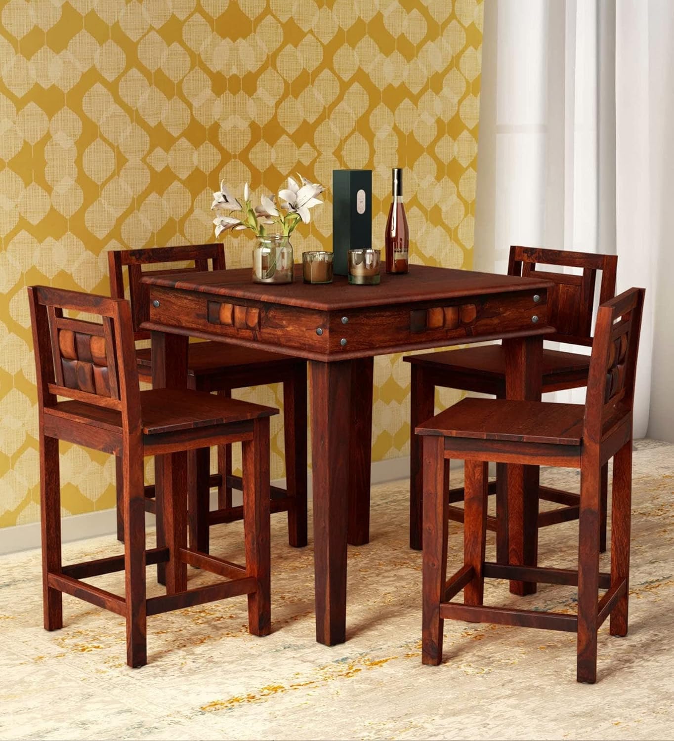 KD FURNITURES Solid Sheesham Wood 4 Seater Bar Dining Table Set with 4 Chair Wooden Bar Dining