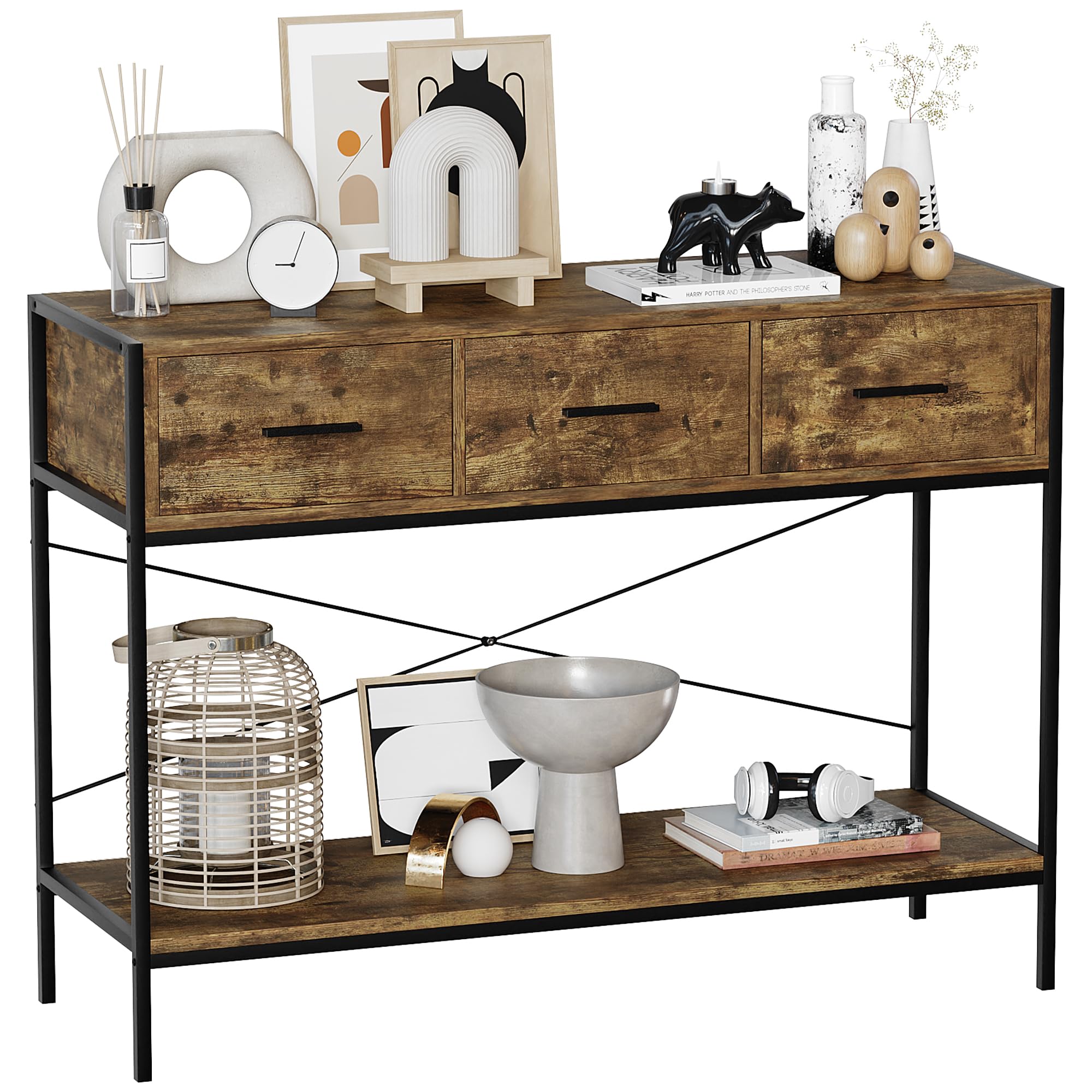 Vida Designs Brooklyn Console Table Hallway Living Room Rustic Shelf Industrial Storage Furniture (Dark Wood, 3 Drawer)