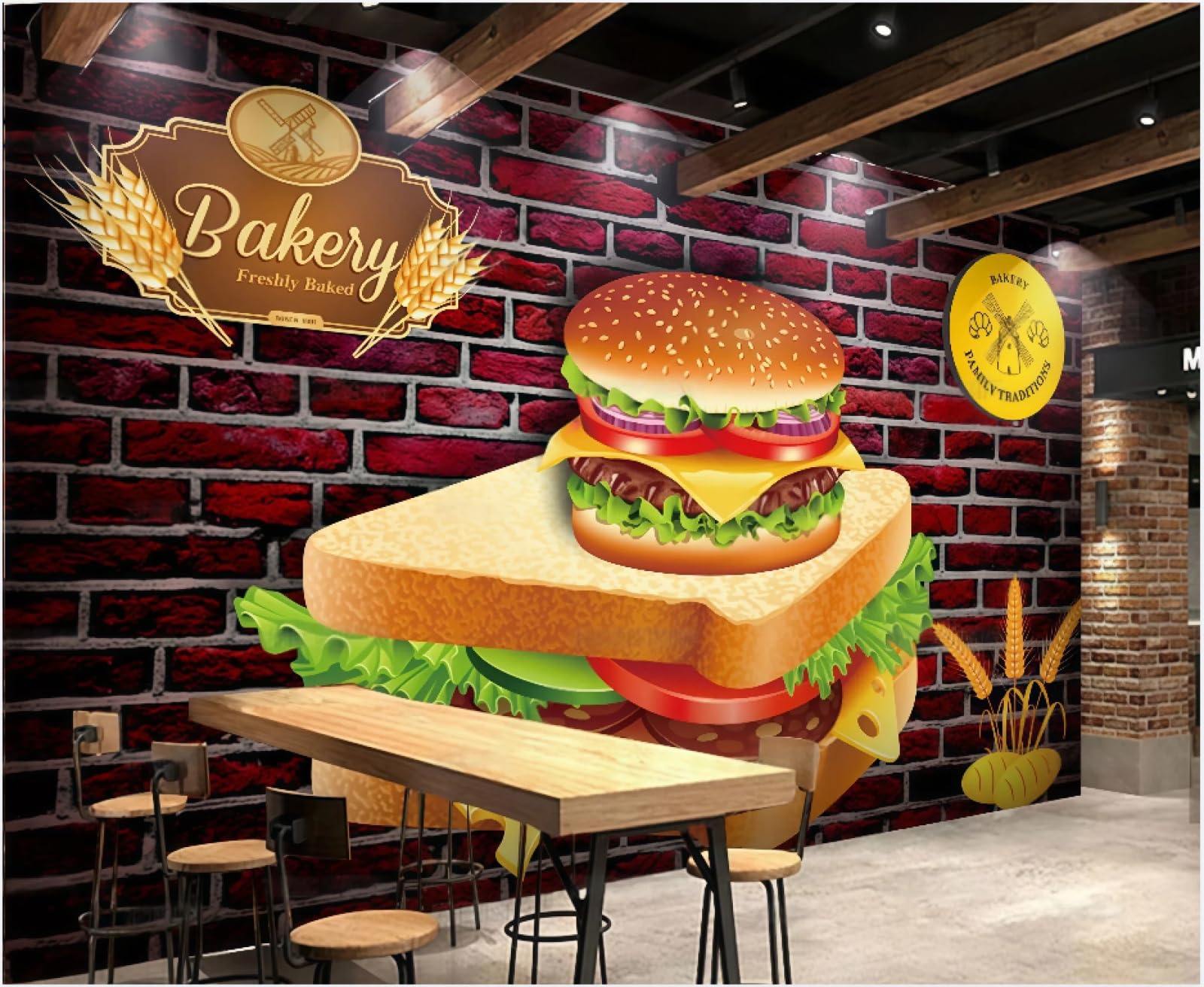 XDOUBAO Wallpaper Fashionable Personality Brick Wall Bread Burger Shop Shopping Mall Afternoon Tea Western Restaurant Background Wall Wallpaper Coffee Shop Mural,3D,300x210cm