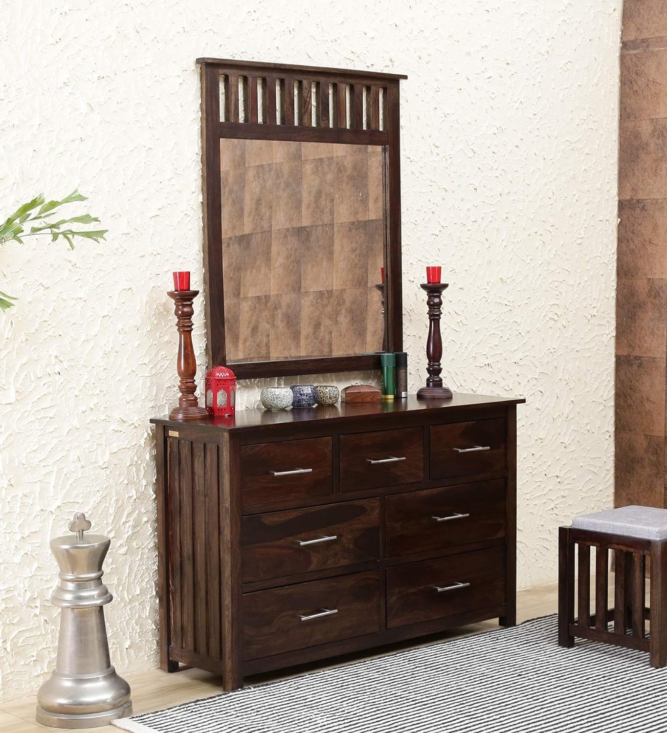 Contemporary Dressing Table with 7 Drawer || Walnut Brown Wooden Dressing Table with Mirror and Storage-image-25