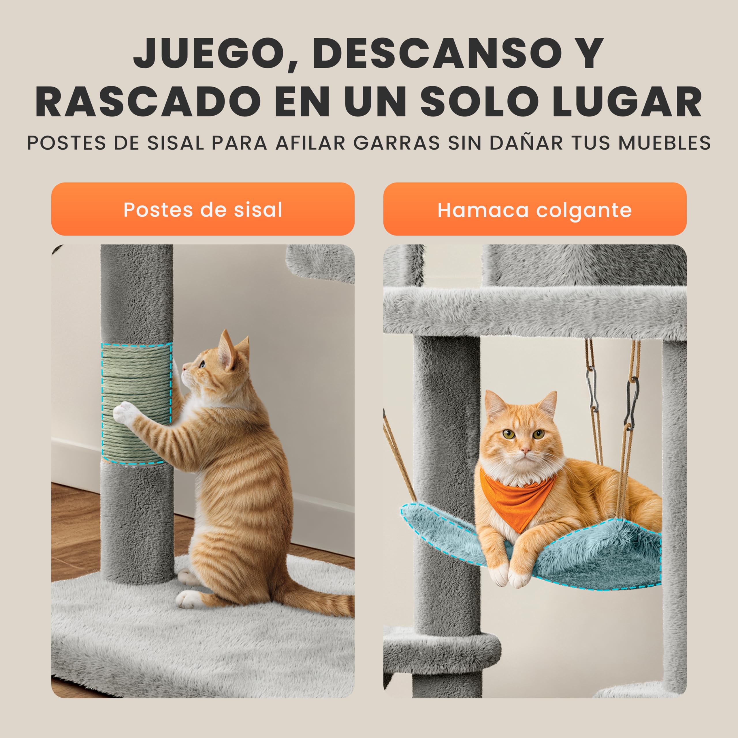 JUPPLIES Árbol Rascador para Gatos 143 cm – Torre de Juegos y Descanso con 5 Plataformas, 3 Nidos, 1 Cueva y Hamaca – Poste de Sisal y Base Estable 60×40 cm – Ideal para Hogares (Gris)