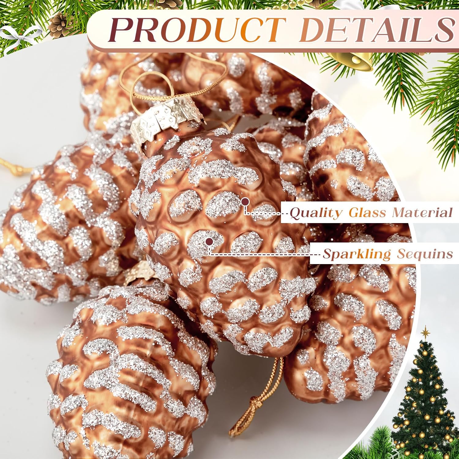 Sliner 36 Pcs Christmas Pine Cone Glass Ornaments, Holiday Pinecone Ornament for Xmas Tree Fall Hanging Pine Cone Sparkling Glass Ornaments for Xmas Fall Thanksgiving Day Party Decorations