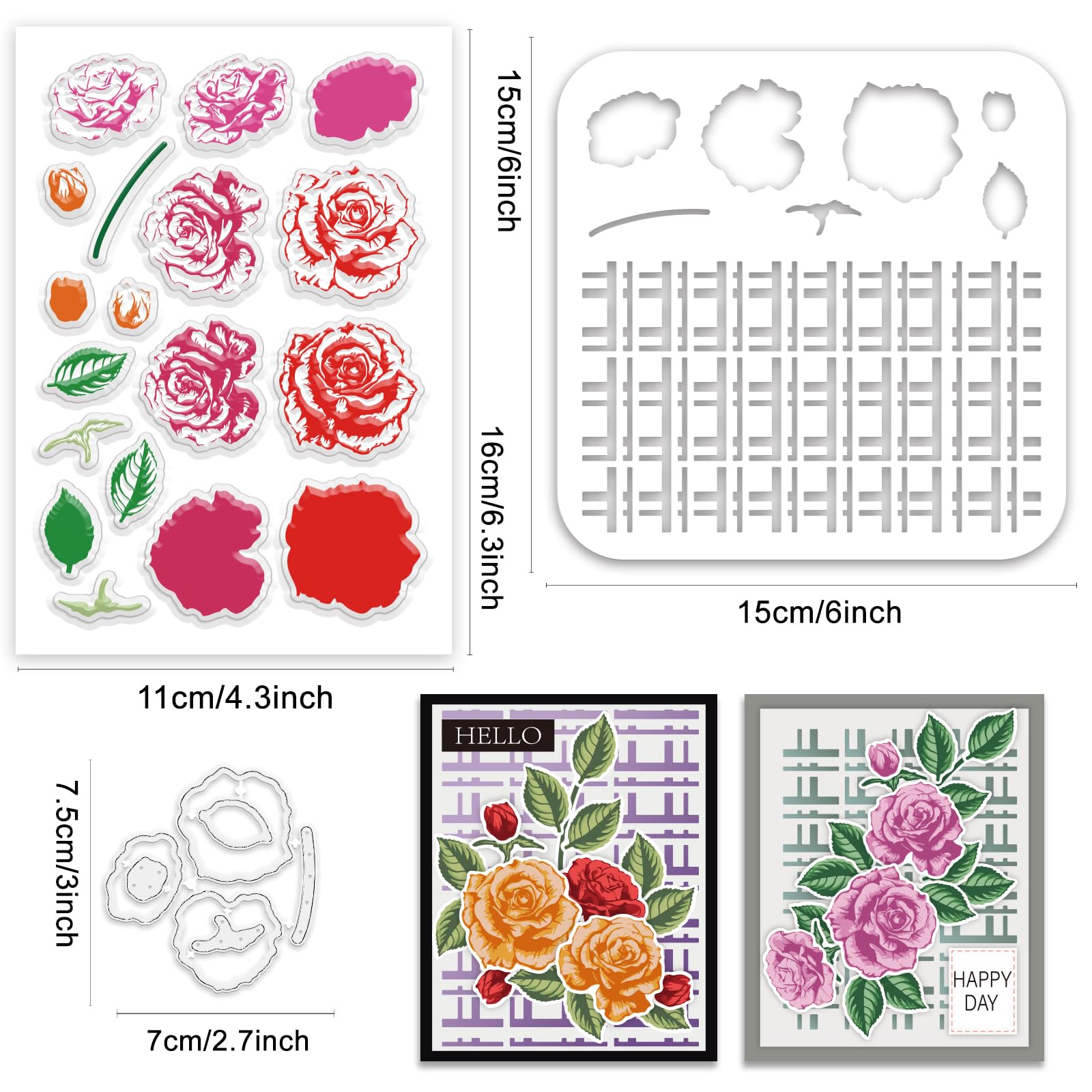 INFUNLY Layered Rose Flowers Clear Stamps & Cutting Dies Set including Reusable Wall Painting Template for Card Making & DIY Craft Decor - Image 2