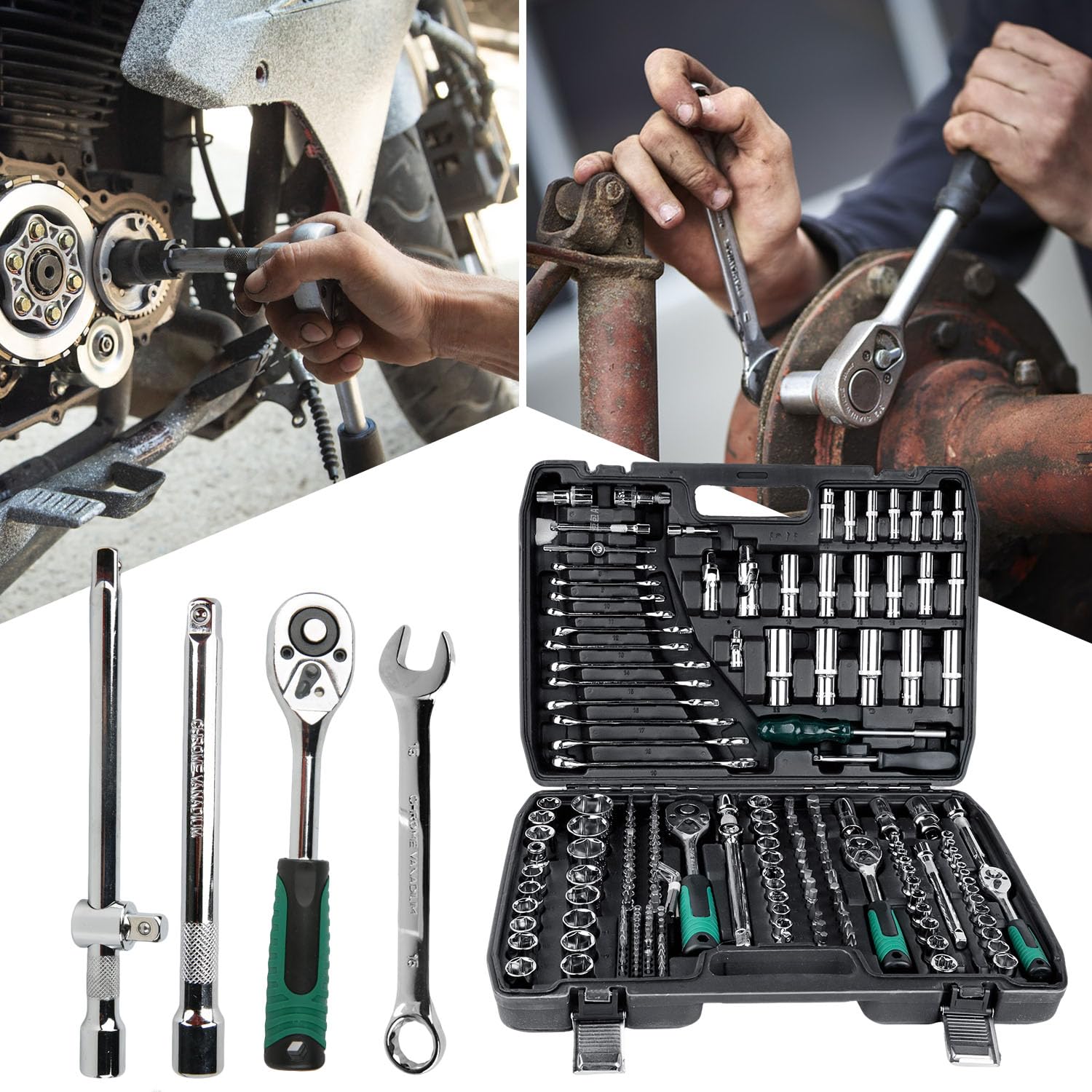 Jeu de 216 douilles à cliquet - Mallette à outils de réparation de voiture avec cliquet à 24 dents - Douilles Cr-V pour réparation de voiture, moto et véhicule - Kit d'outils professionnels