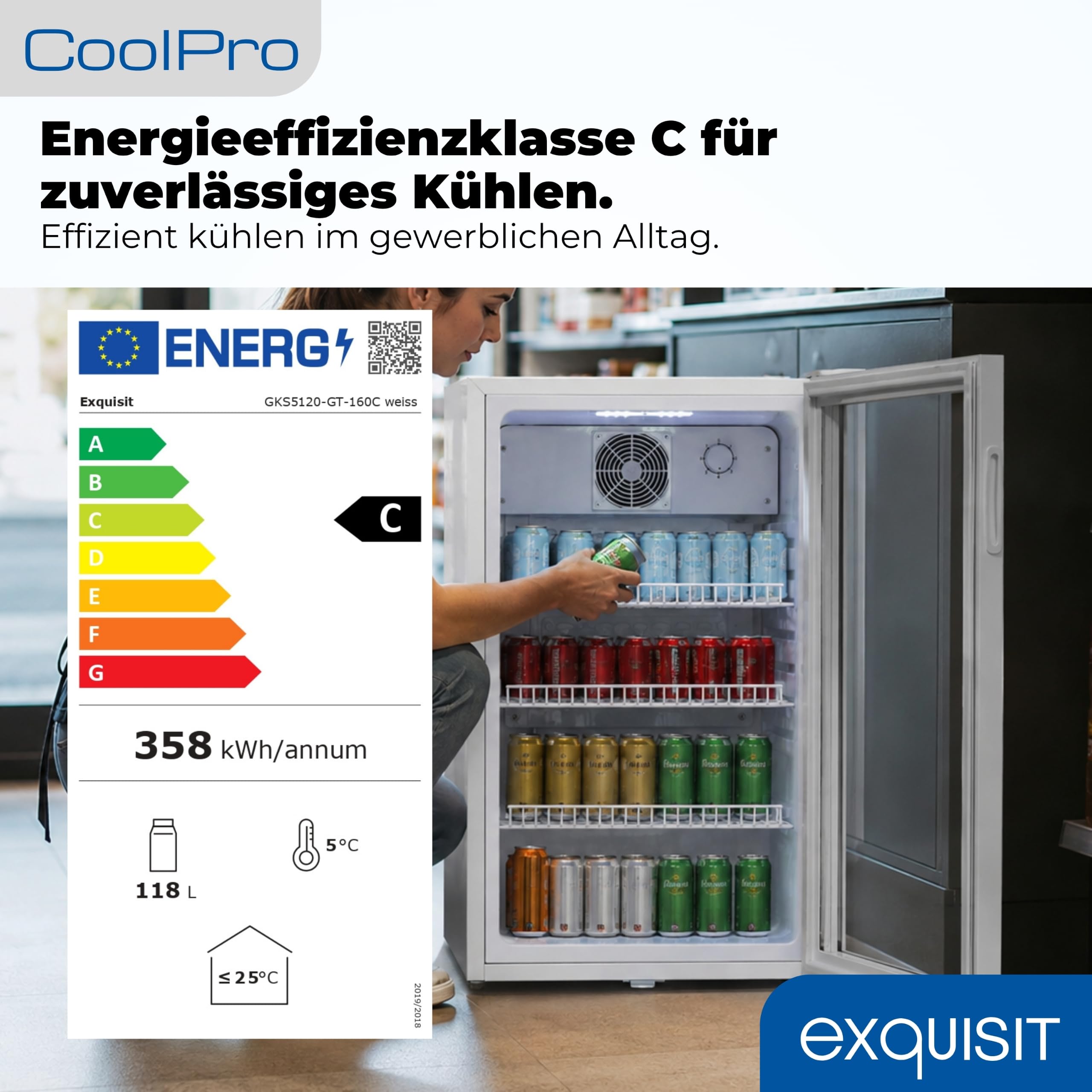 Exquisit GKS120-GT-160C - Frigorífico para bebidas (capacidad neta: 118 L, cierre de puerta, 3 estantes, ventilador de circulación, dispositivo de soporte), color blanco