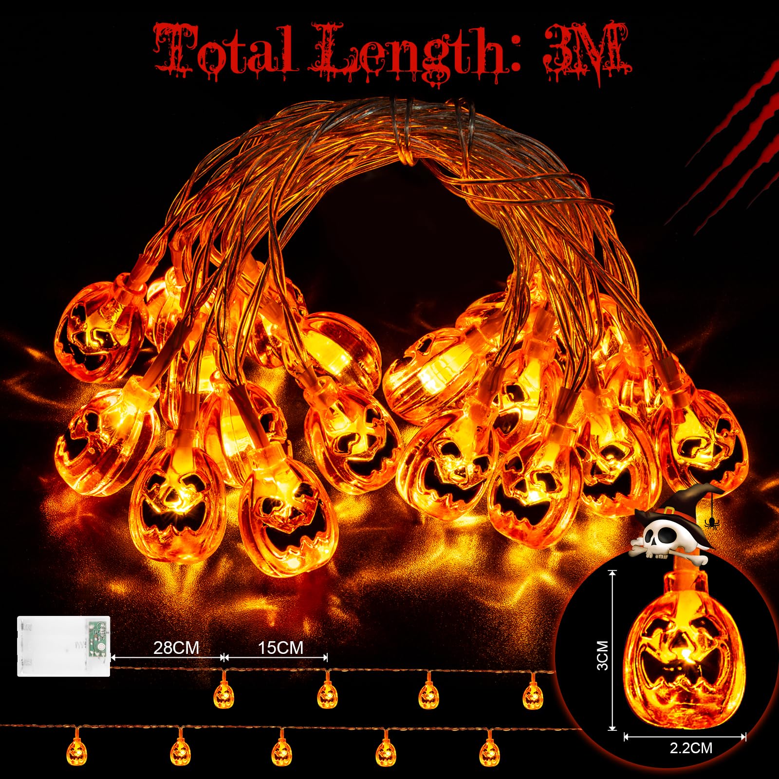 AGOTD Luci Halloween Decorazioni con Zucca, 3M 20 LED luci zucche, Catena Luminosa a Batteria per Decorazione Interno ed Esterno, Addobbi Halloween Casa