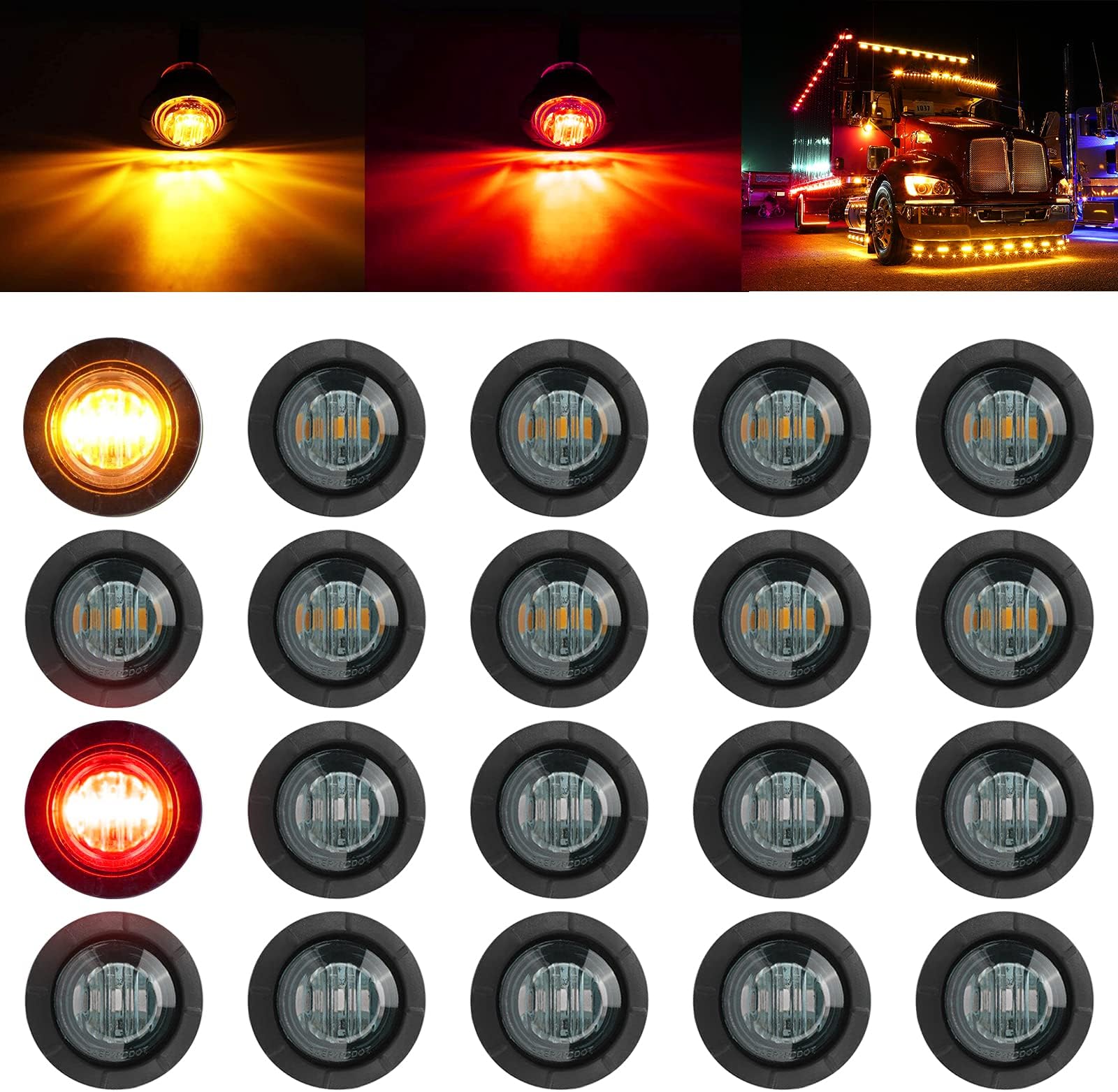 PSEQT 3/4" Round LED Side Marker Clearance Lights Front Rear Marker Indicators Tail Light Waterproof for Trailer Truck Car Bus Van Pickup RV Wrangler Silverado (20pcs Smoked Lens Red & Amber LED)