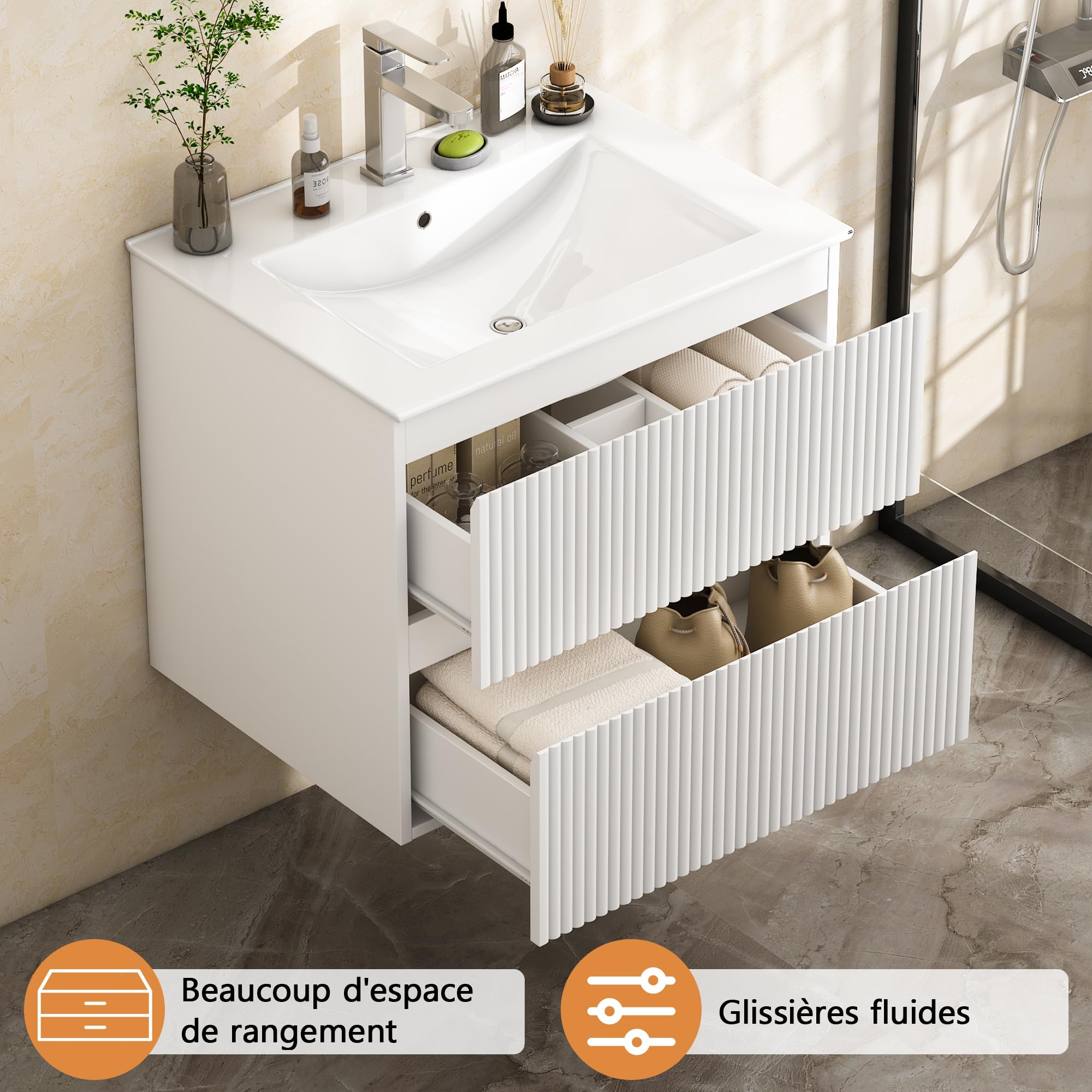 Mueble de Baño Suspendido 60 cm con Lavabo de Cerámica y 2 Cajones Profundos | Panel con Acabado Estriado Vertical, MDF E1 Antihúmedo, Blanco