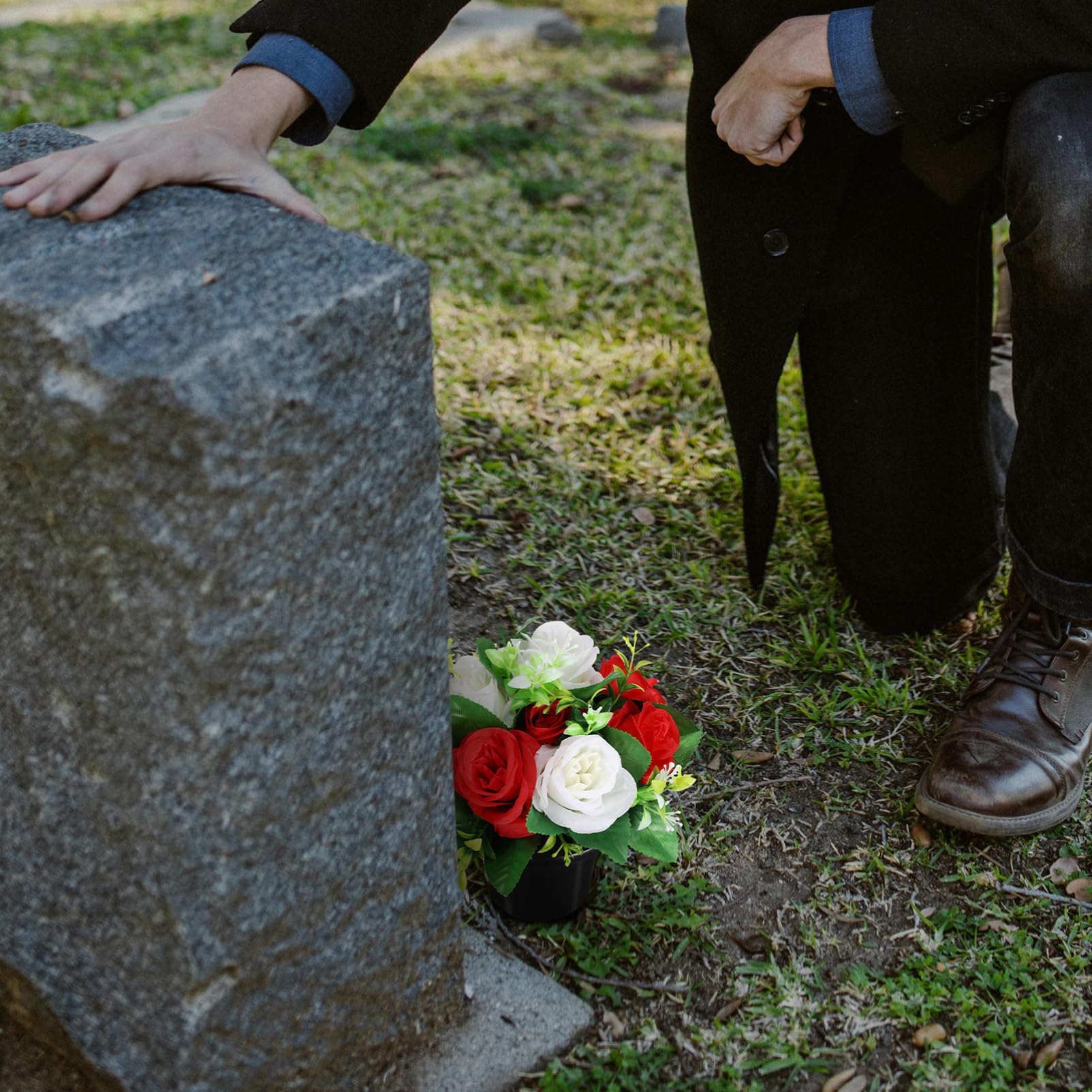 PartyKindom Small Bucket Cemetery Flowers 2 Pcs Artificial Grave Flowers in Fabric Pot for Outdoor Memorial Decoration Durable Silk Floral Arrangement for Graveside Tribute - Image 3
