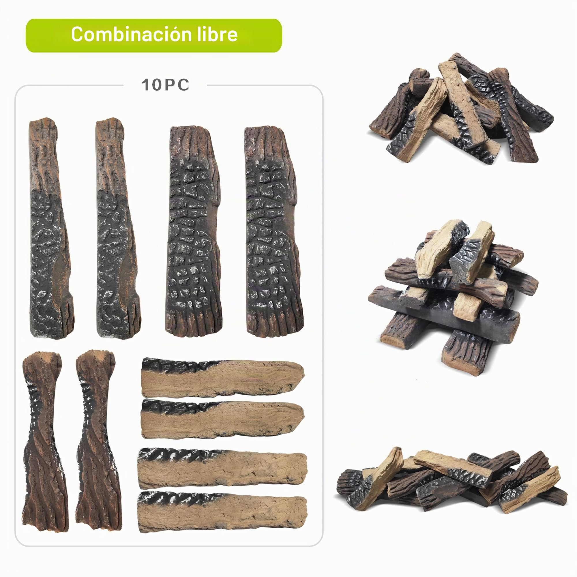 Leños de Chimenea de Gas, ATR Juego de 10 Piezas de Troncos de Chimenea de imitación de cerámica Grandes para hogueras de Interior y, Electricidad, decoración de chimeneas Madera Artificial
